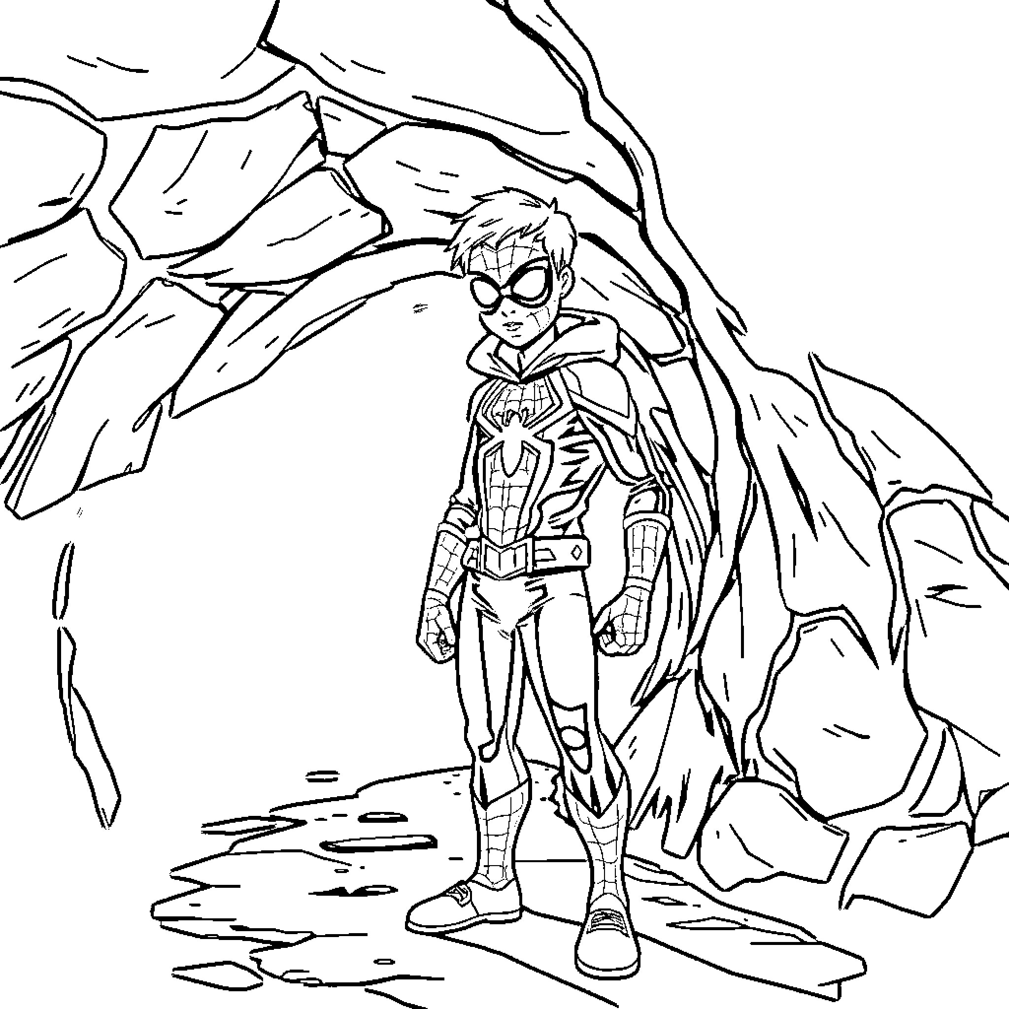 Spiderman exploring rugged mountain landscape Coloring Page (free black-and-white line drawing printable PDF for all, from beginners to advanced learners, including children, teens, adults, and seniors)