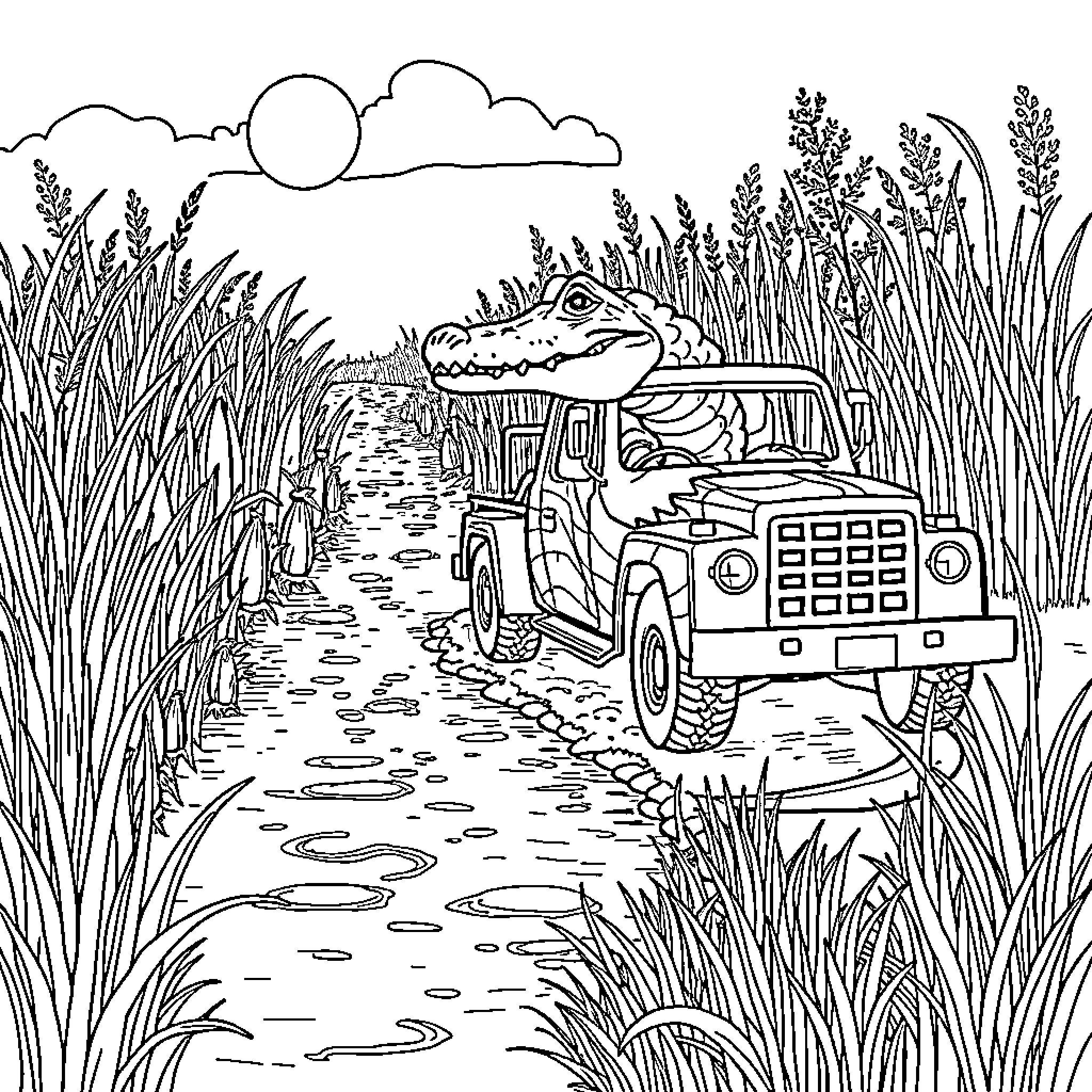 Gator exploring the swampy terrain in an off-road vehicle Coloring Page (free black-and-white line drawing printable PDF for all, from beginners to advanced learners, including children, teens, adults, and seniors)