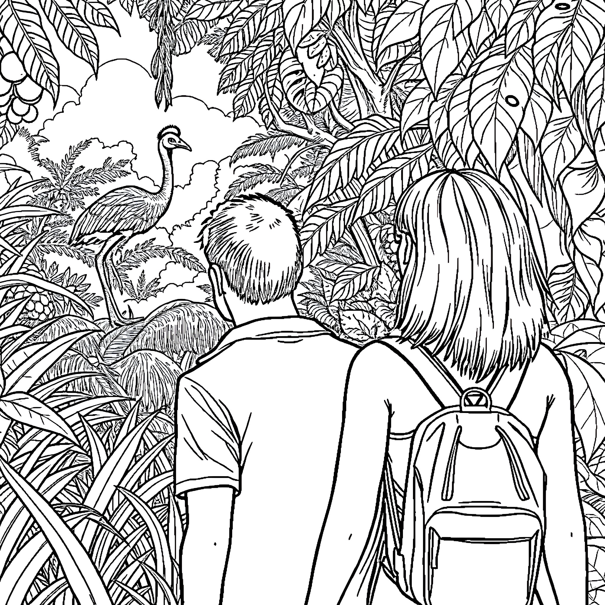 Man and Woman Exploring Lush Tropical Foliage Coloring Page (free black-and-white line drawing printable PDF for all, from beginners to advanced learners, including children, teens, adults, and seniors)