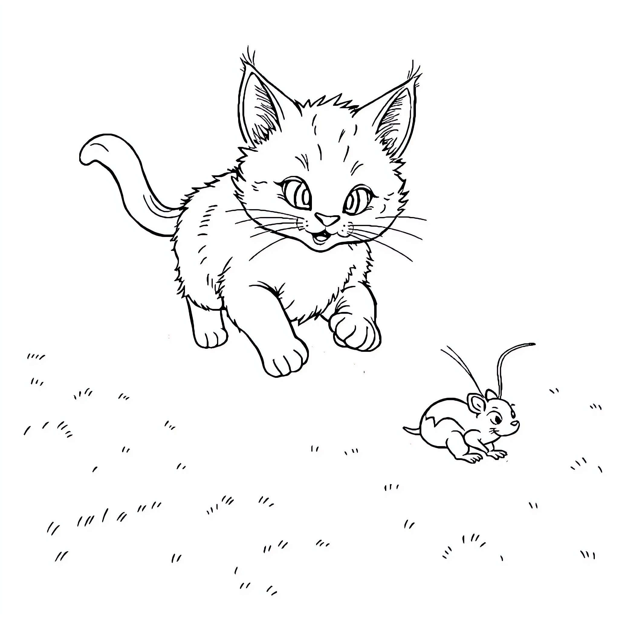 Cat chasing mouse in field Coloring Page (free black-and-white line drawing printable PDF for all, from beginners to advanced learners, including children, teens, adults, and seniors)