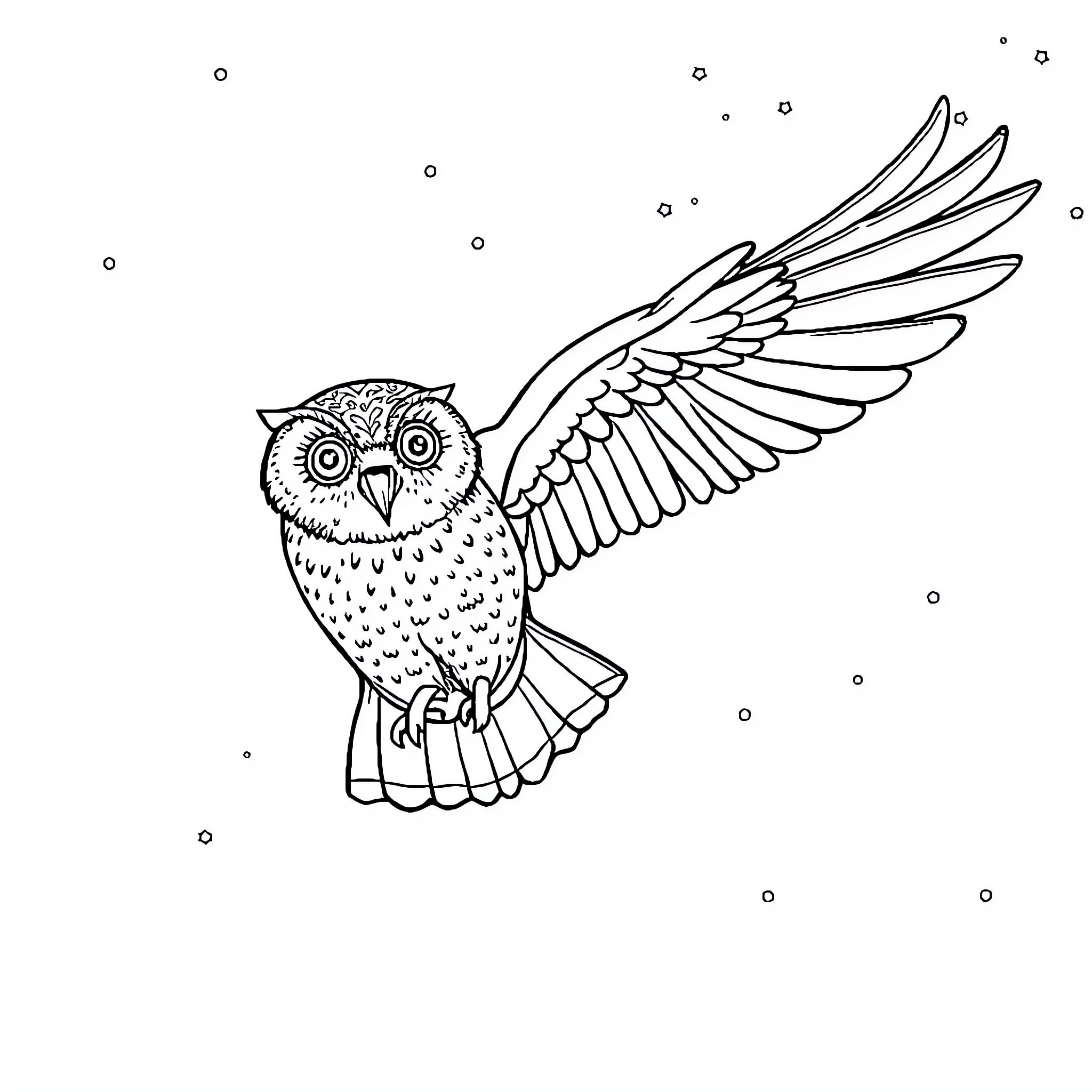 Owl with outstretched wings in flight Coloring Page (free black-and-white line drawing printable PDF for all, from beginners to advanced learners, including children, teens, adults, and seniors)
