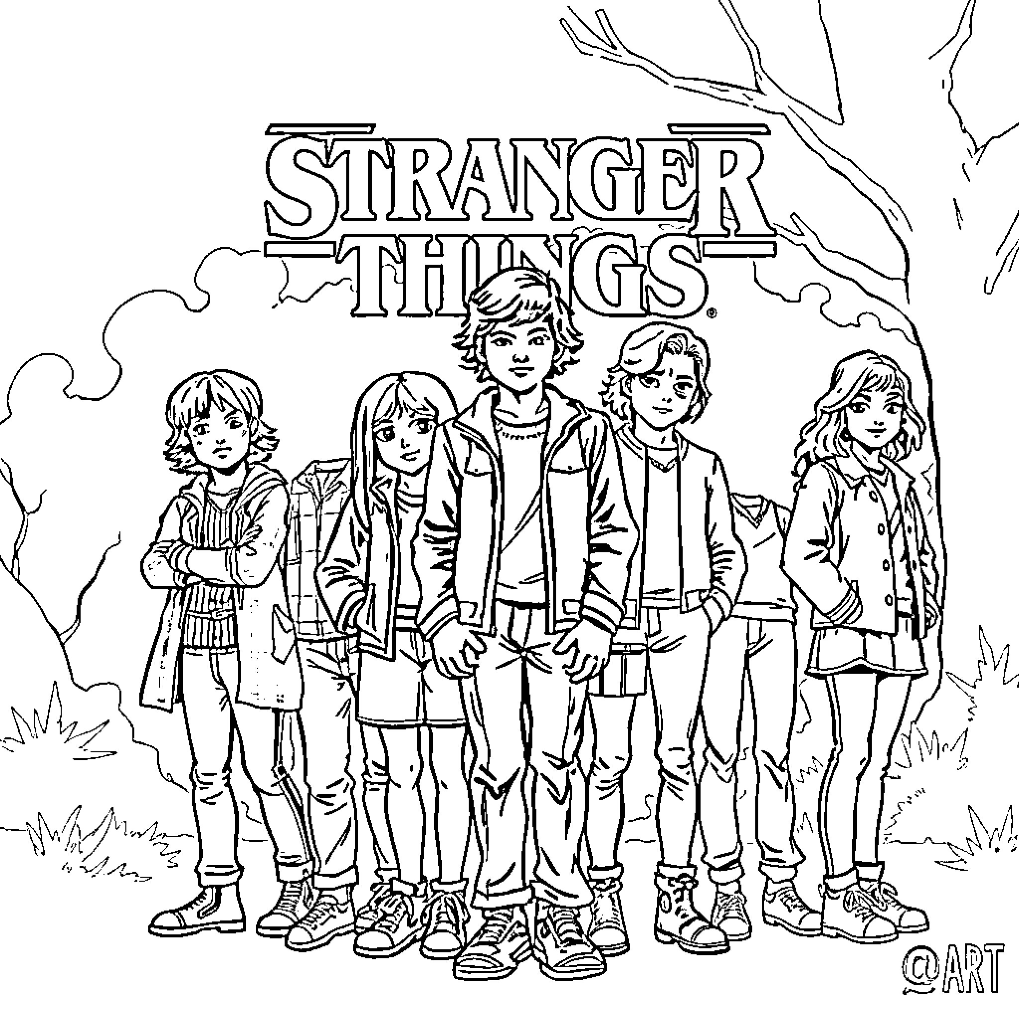 Stranger Things characters gathered in the woods Coloring Page (free black-and-white line drawing printable PDF for all, from beginners to advanced learners, including children, teens, adults, and seniors)