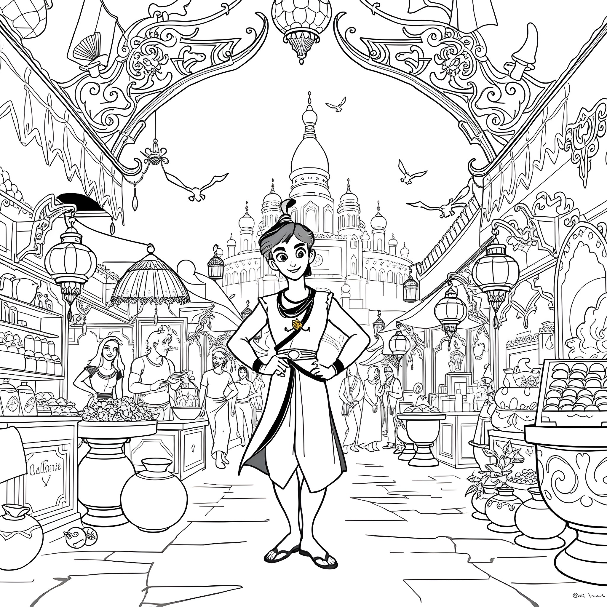 Aladdin's Adventures in the Vibrant Middle Eastern Market Coloring Page (free black-and-white line drawing printable PDF for all, from beginners to advanced learners, including children, teens, adults, and seniors)