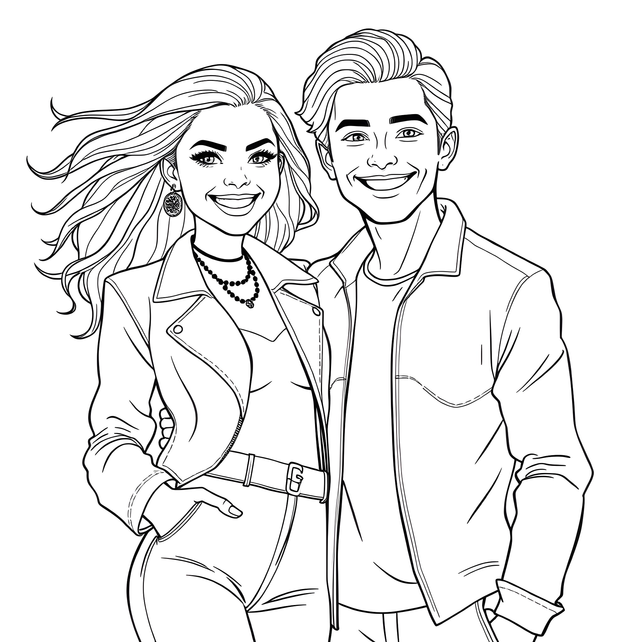 Woman and man posing together in casual outfits Coloring Page (free black-and-white line drawing printable PDF for all, from beginners to advanced learners, including children, teens, adults, and seniors)