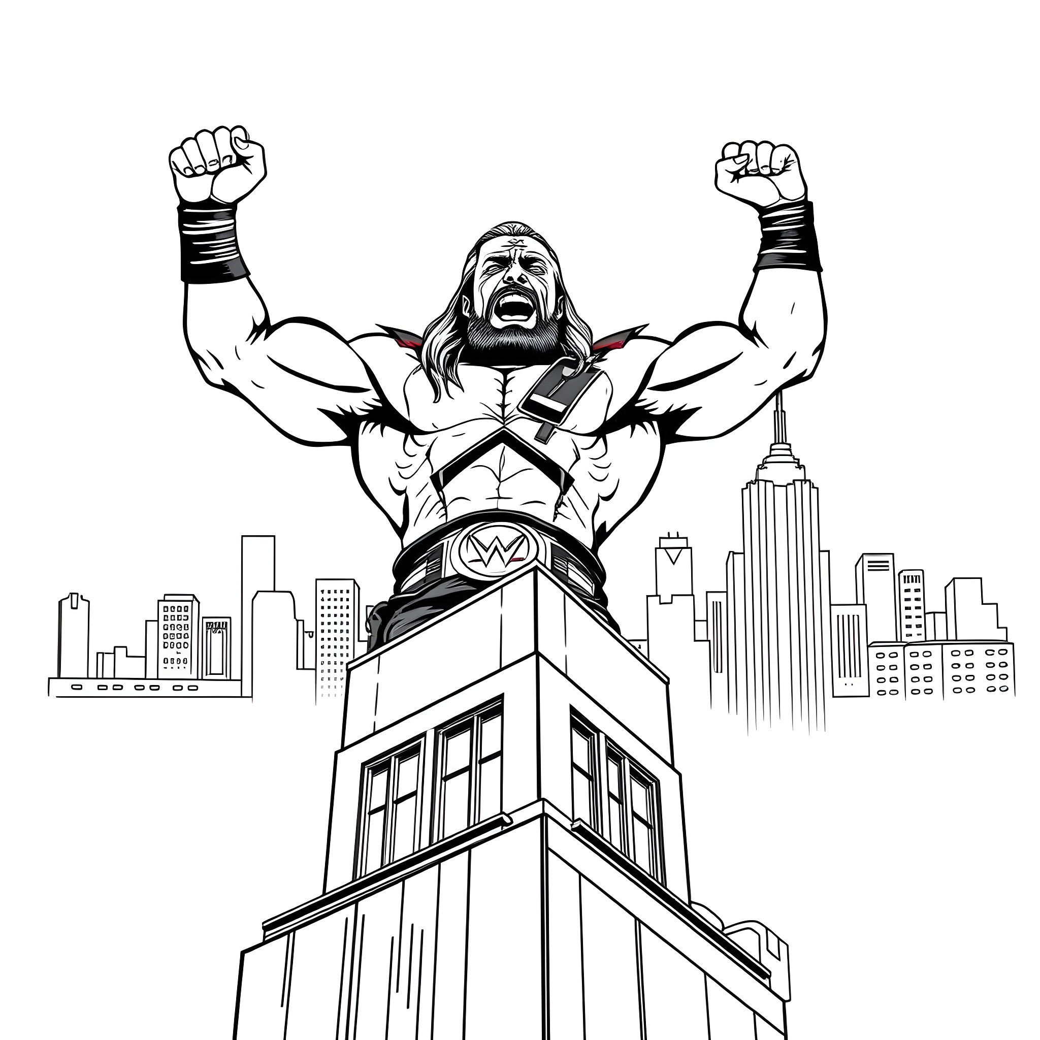 Wrestler stands atop skyscraper with clenched fists Coloring Page (free black-and-white line drawing printable PDF for all, from beginners to advanced learners, including children, teens, adults, and seniors)
