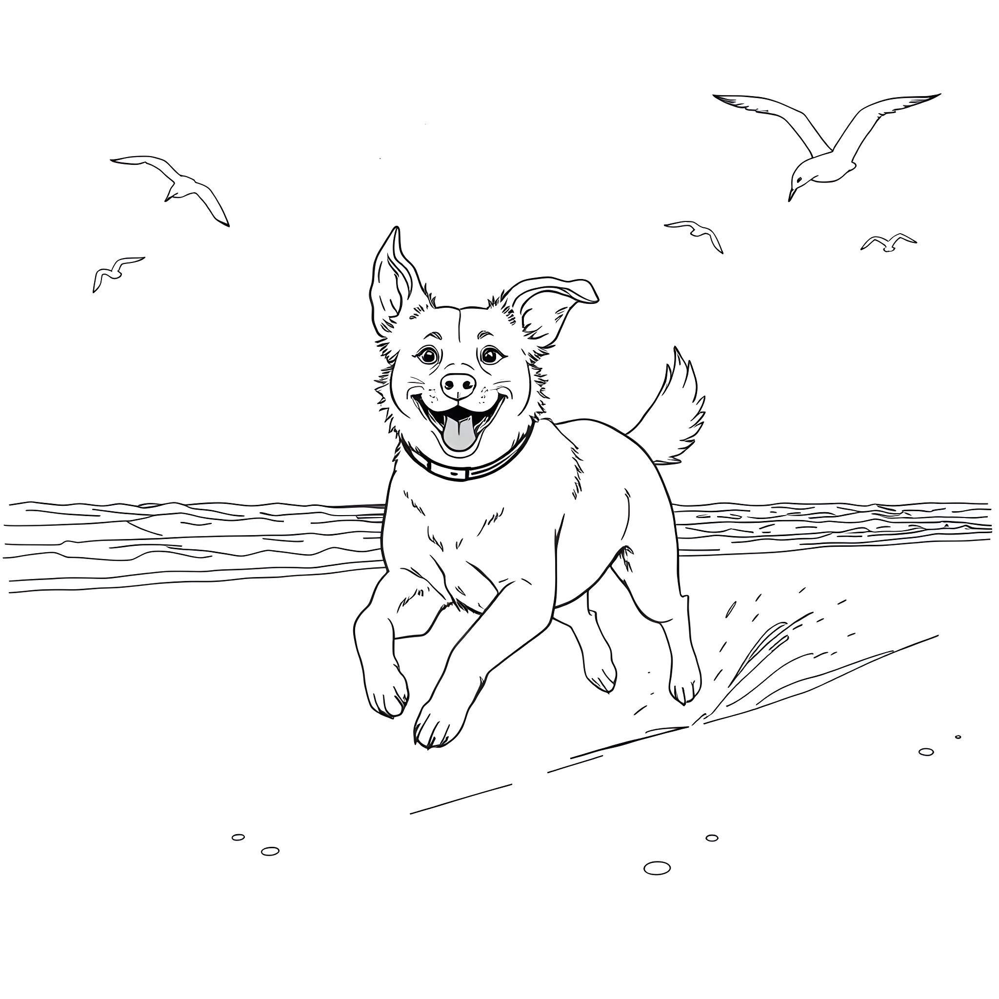 Dog happily running on the beach Coloring Page (free black-and-white line drawing printable PDF for all, from beginners to advanced learners, including children, teens, adults, and seniors)