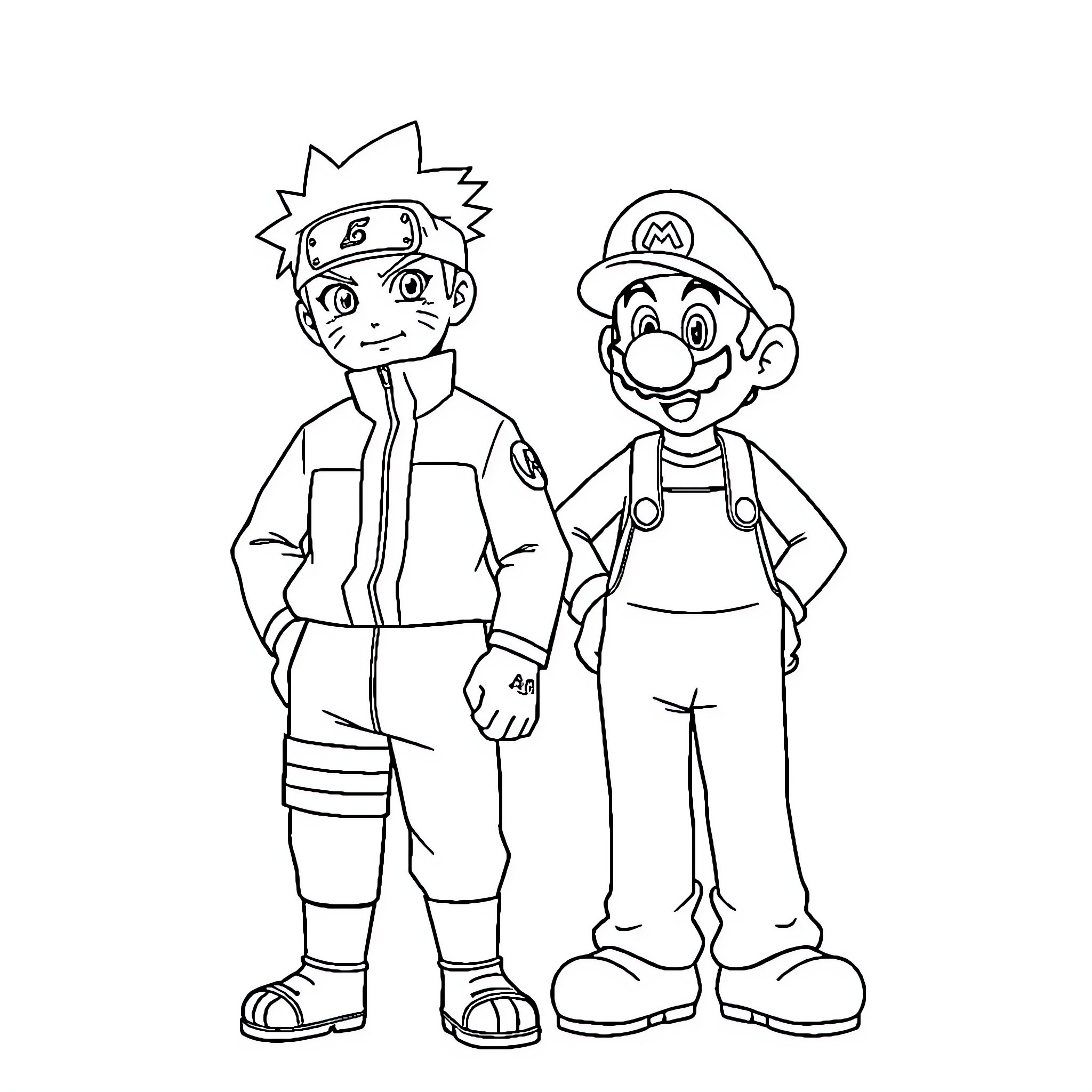 Naruto and Mario in Animated Adventure Coloring Page (free black-and-white line drawing printable PDF for all, from beginners to advanced learners, including children, teens, adults, and seniors)