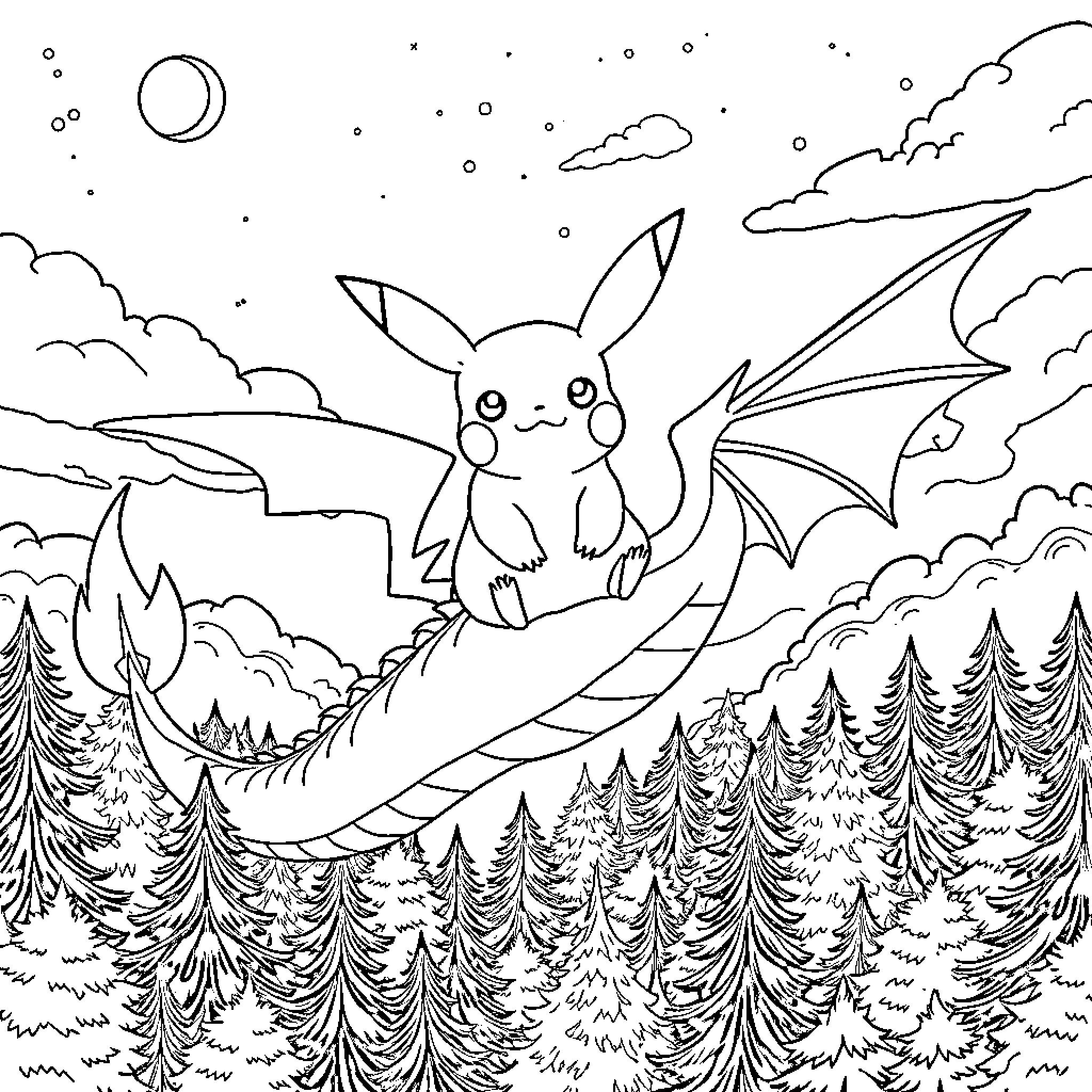 Pikachu soaring through the night sky Coloring Page (free black-and-white line drawing printable PDF for all, from beginners to advanced learners, including children, teens, adults, and seniors)