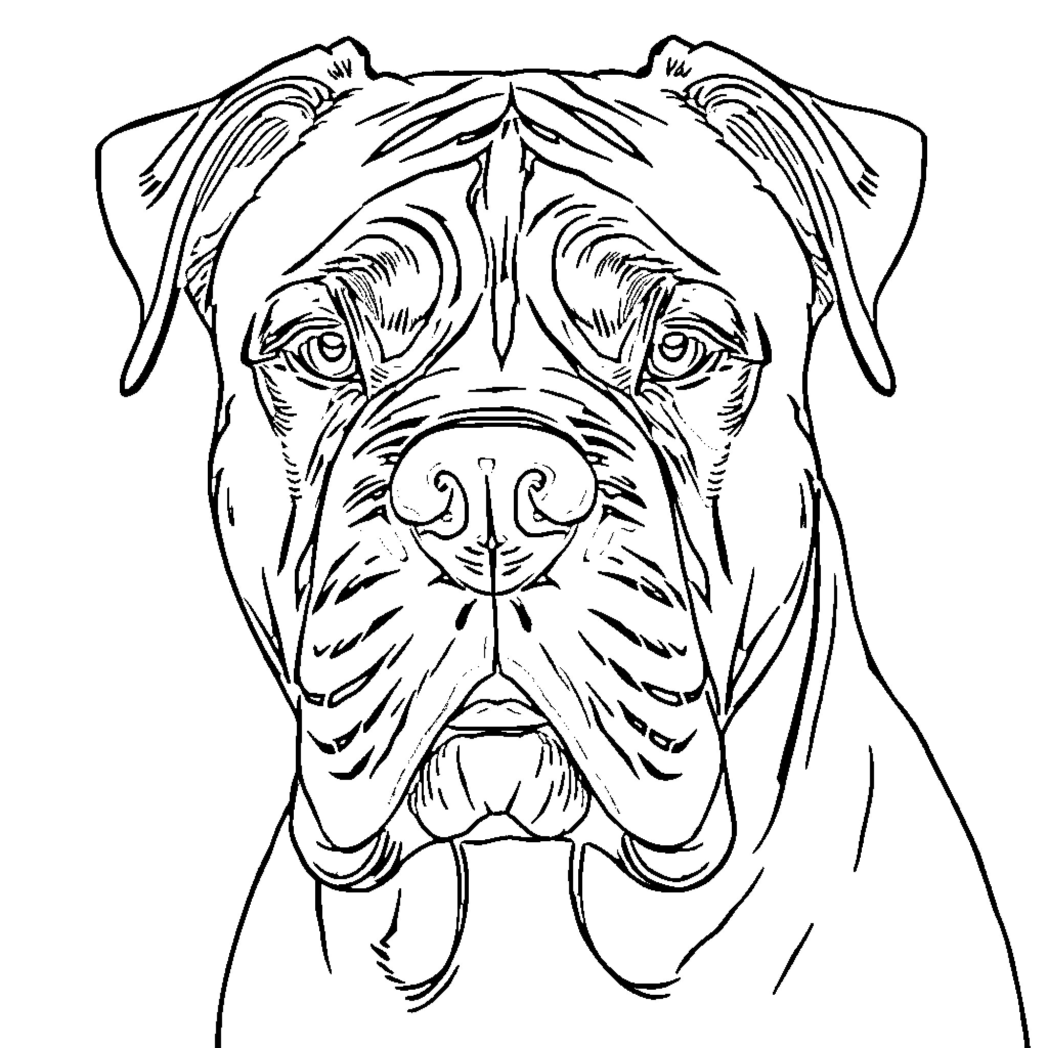 Kane Corso dog's close-up portrait Coloring Page (free black-and-white line drawing printable PDF for all, from beginners to advanced learners, including children, teens, adults, and seniors)