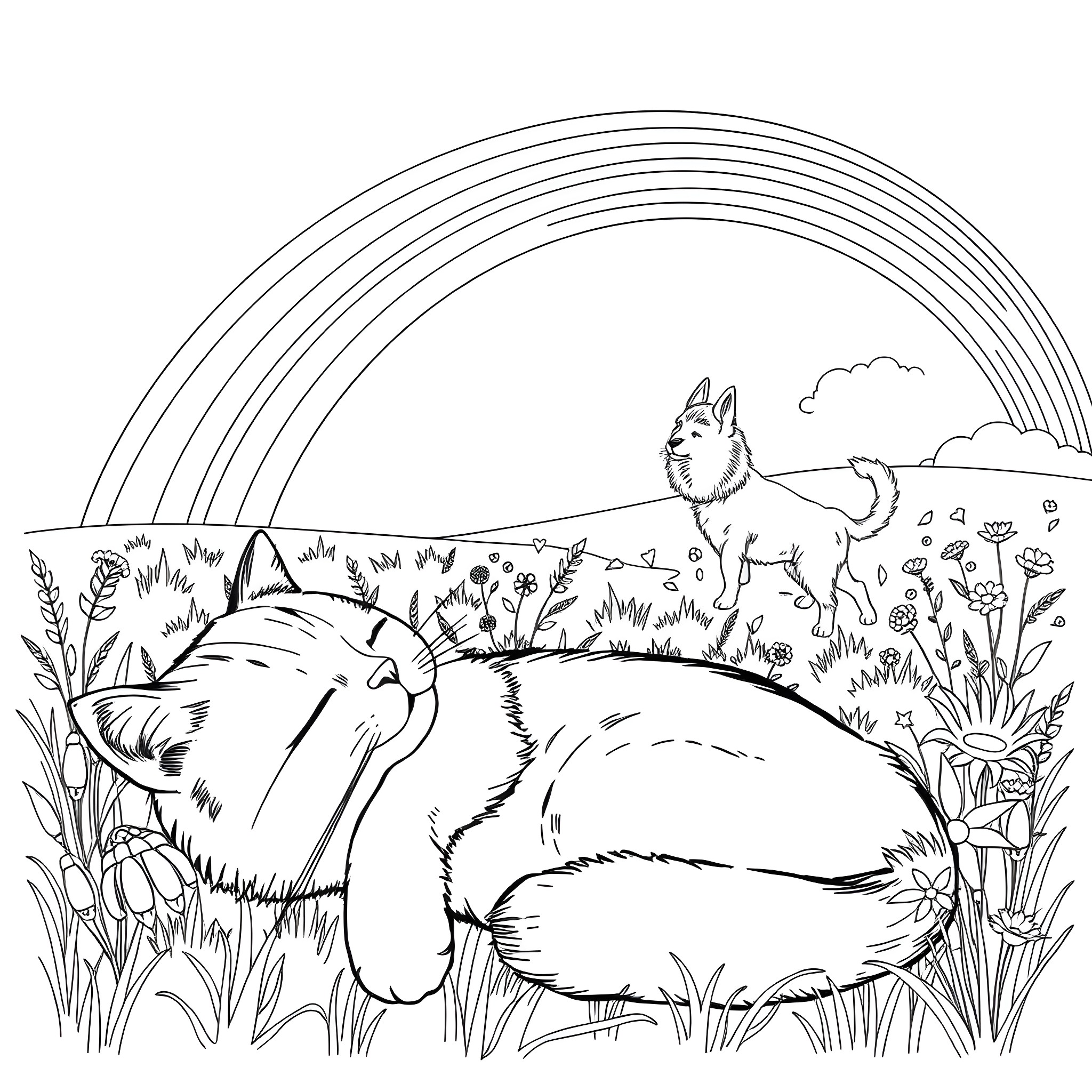 Cat resting in a grassy field with a rainbow Coloring Page (free black-and-white line drawing printable PDF for all, from beginners to advanced learners, including children, teens, adults, and seniors)