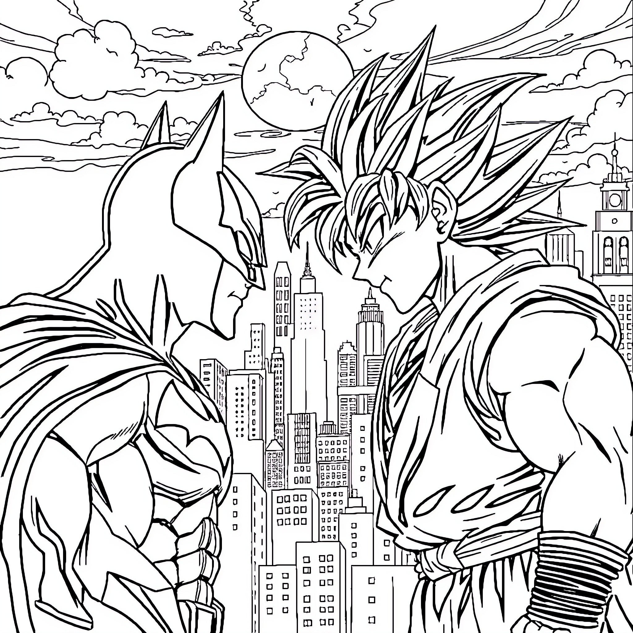 Batman vs. Superhero Battle in the City Coloring Page (free black-and-white line drawing printable PDF for all, from beginners to advanced learners, including children, teens, adults, and seniors)
