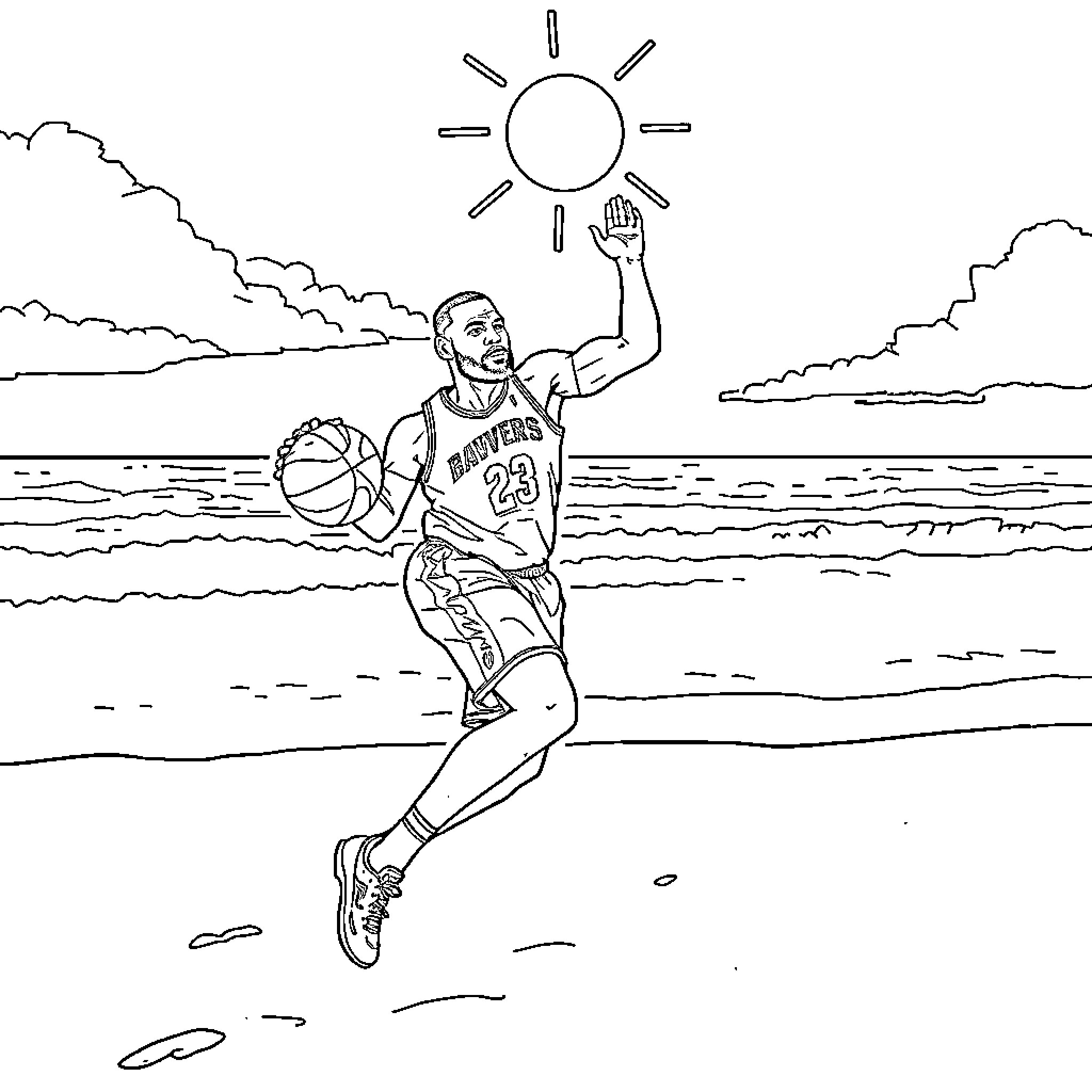LeBron James playing basketball on the beach Coloring Page (free black-and-white line drawing printable PDF for all, from beginners to advanced learners, including children, teens, adults, and seniors)