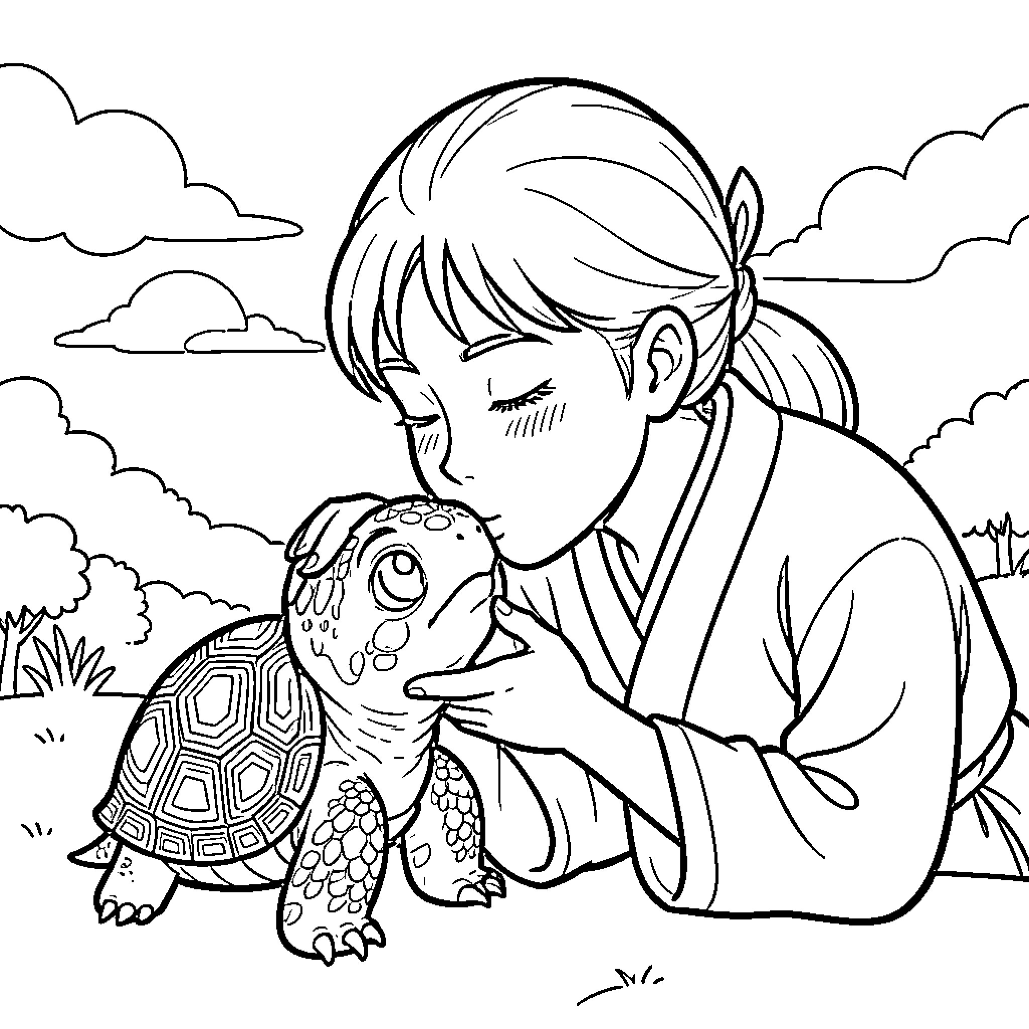 Sangoku girl gently kissing a small turtle Coloring Page (free black-and-white line drawing printable PDF for all, from beginners to advanced learners, including children, teens, adults, and seniors)