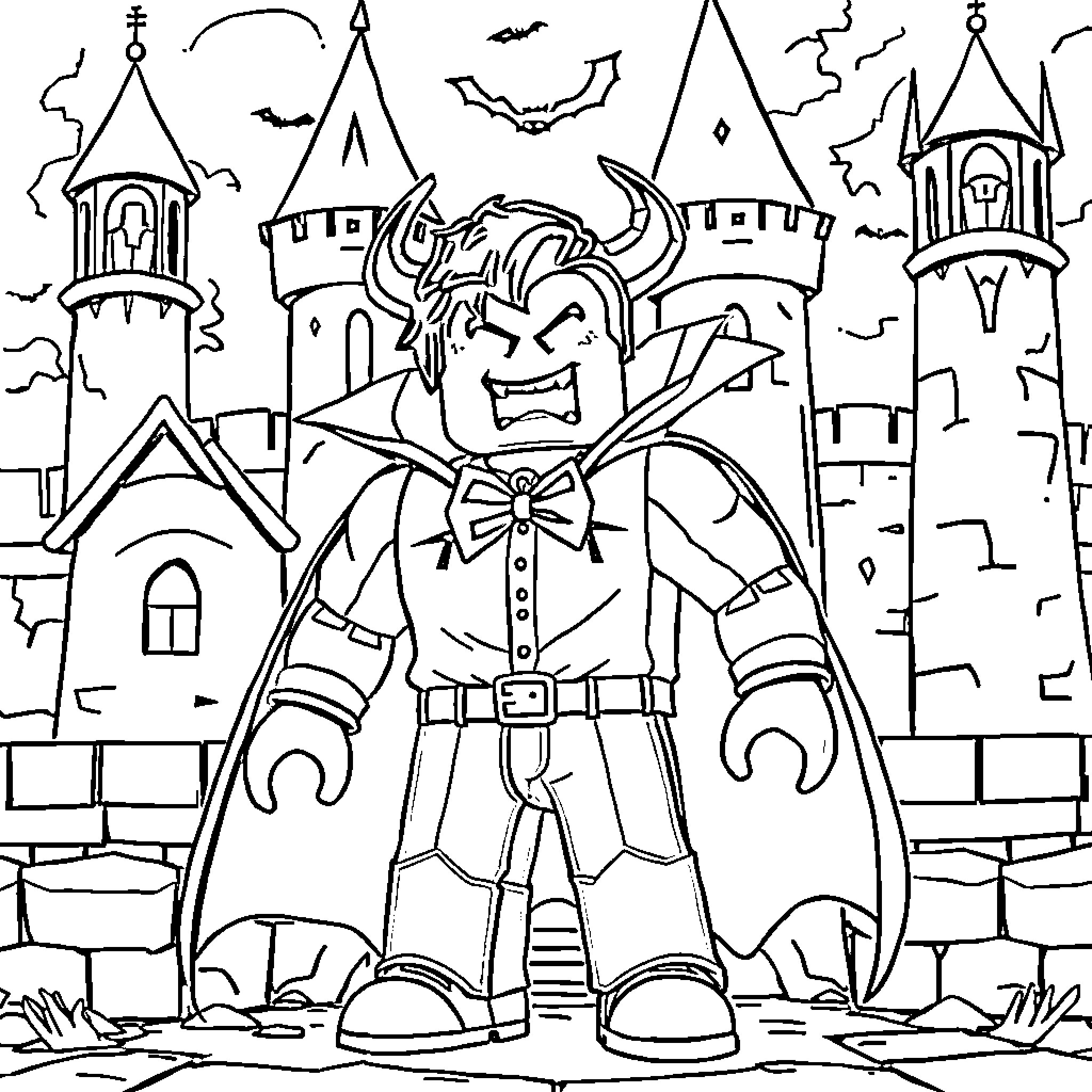 Vampire on a Dark Castle Adventure Coloring Page (free black-and-white line drawing printable PDF for all, from beginners to advanced learners, including children, teens, adults, and seniors)