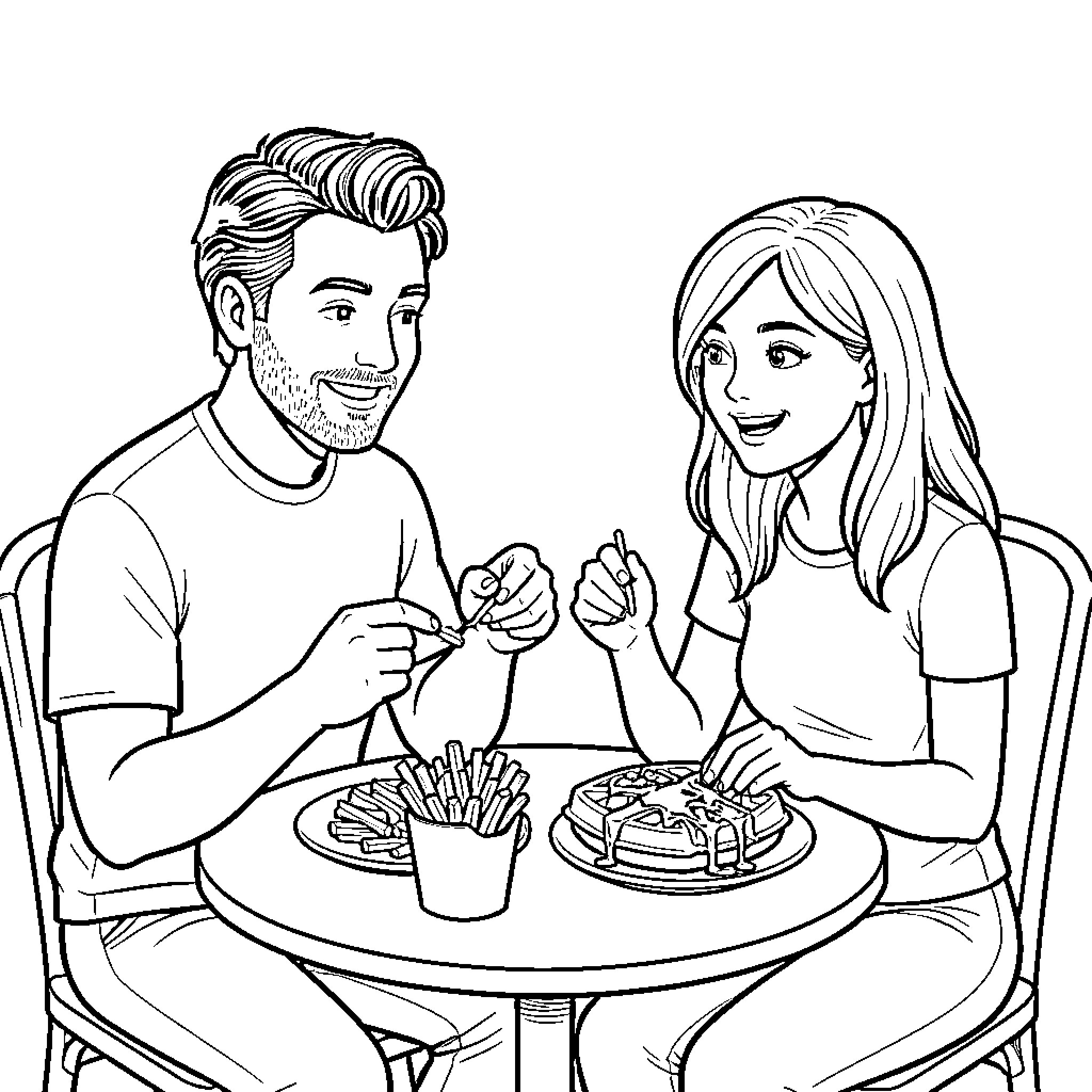 Couple enjoying a meal together Coloring Page (free black-and-white line drawing printable PDF for all, from beginners to advanced learners, including children, teens, adults, and seniors)