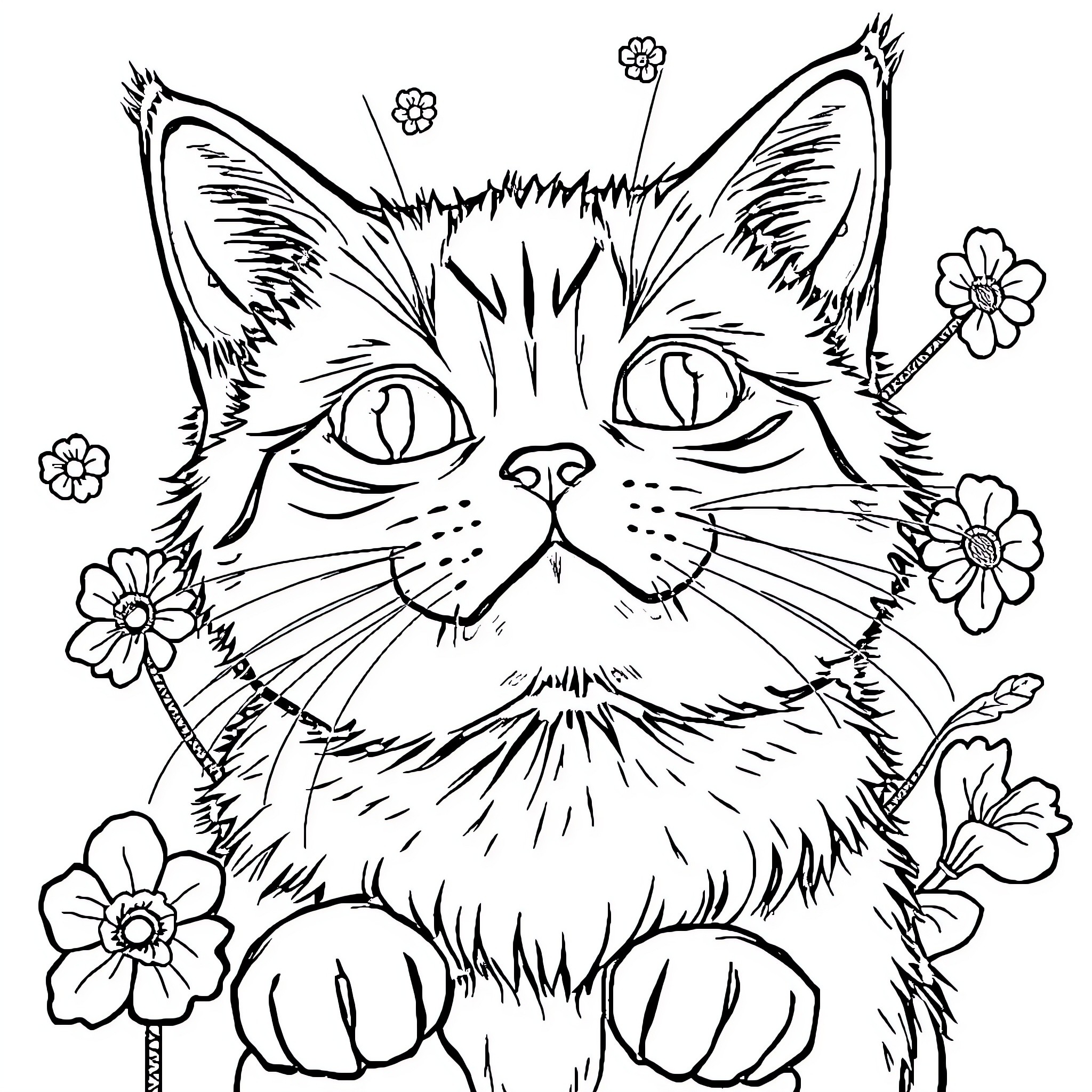 Cat surrounded by flowers Coloring Page (free black-and-white line drawing printable PDF for all, from beginners to advanced learners, including children, teens, adults, and seniors)