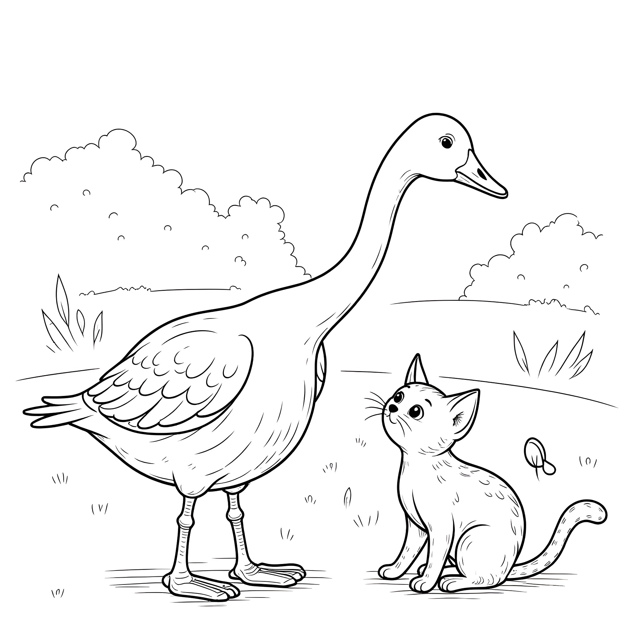 Goose and curious cat in the meadow Coloring Page (free black-and-white line drawing printable PDF for all, from beginners to advanced learners, including children, teens, adults, and seniors)