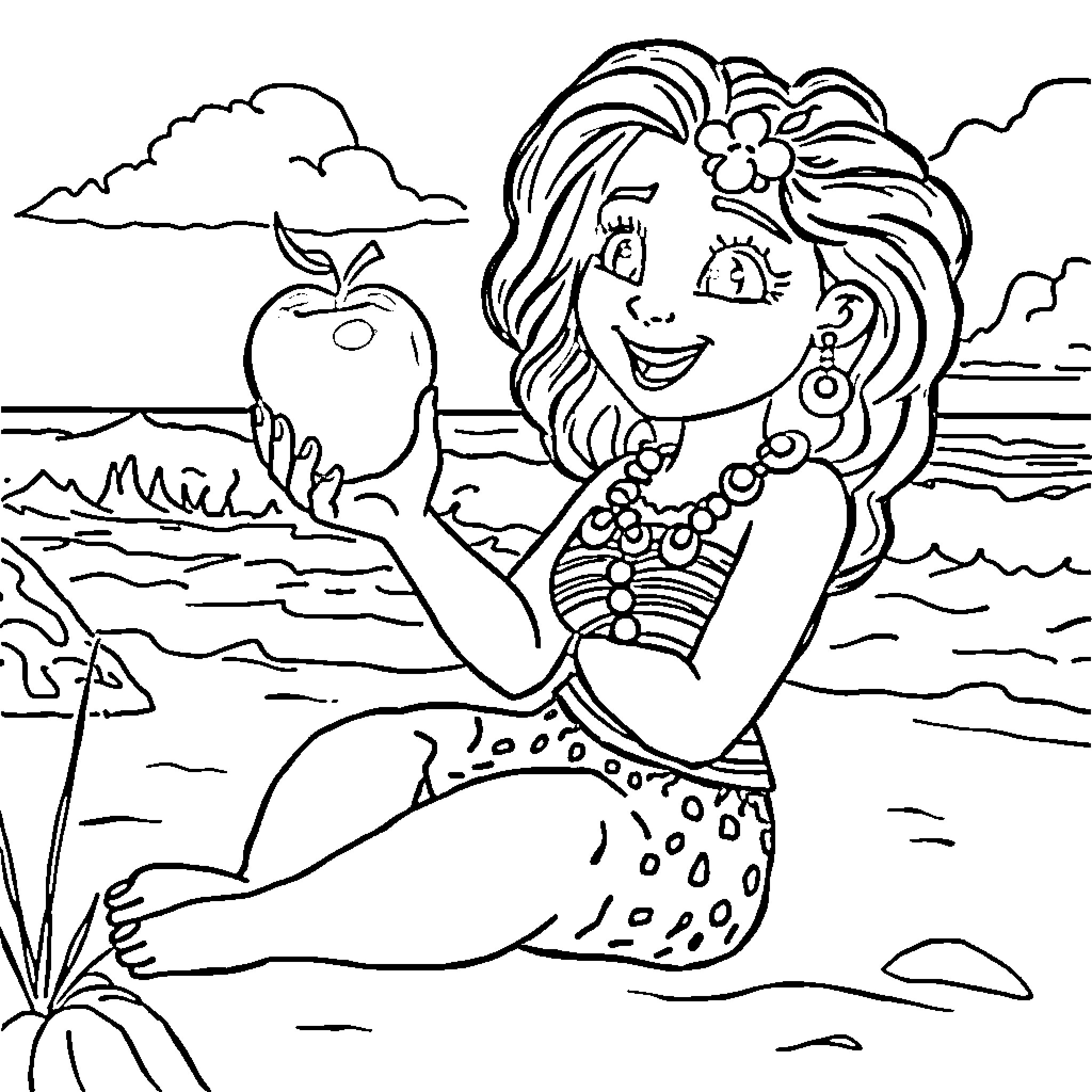 Moana enjoys a tropical island scene Coloring Page (free black-and-white line drawing printable PDF for all, from beginners to advanced learners, including children, teens, adults, and seniors)