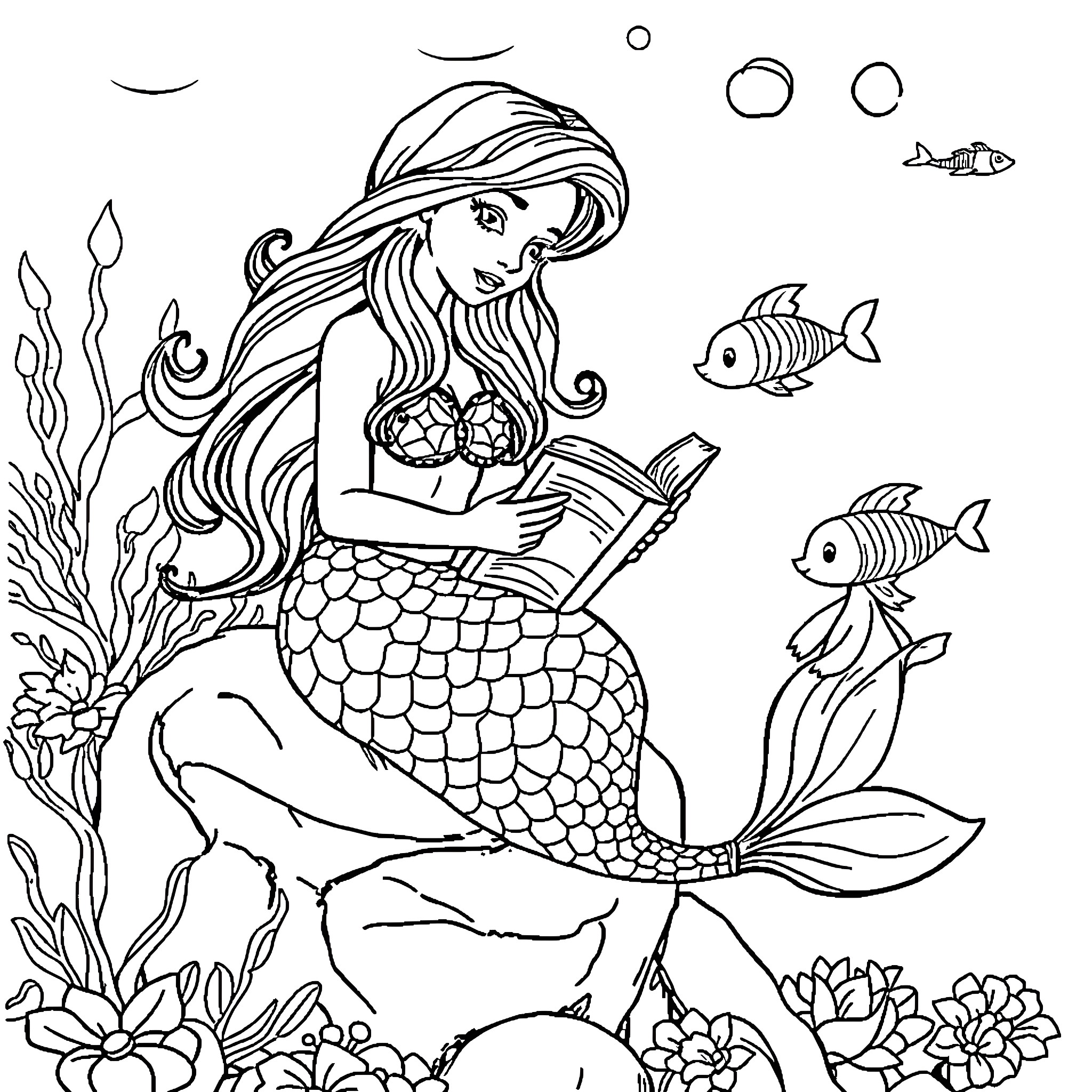Mermaid reading a book underwater Coloring Page (free black-and-white line drawing printable PDF for all, from beginners to advanced learners, including children, teens, adults, and seniors)