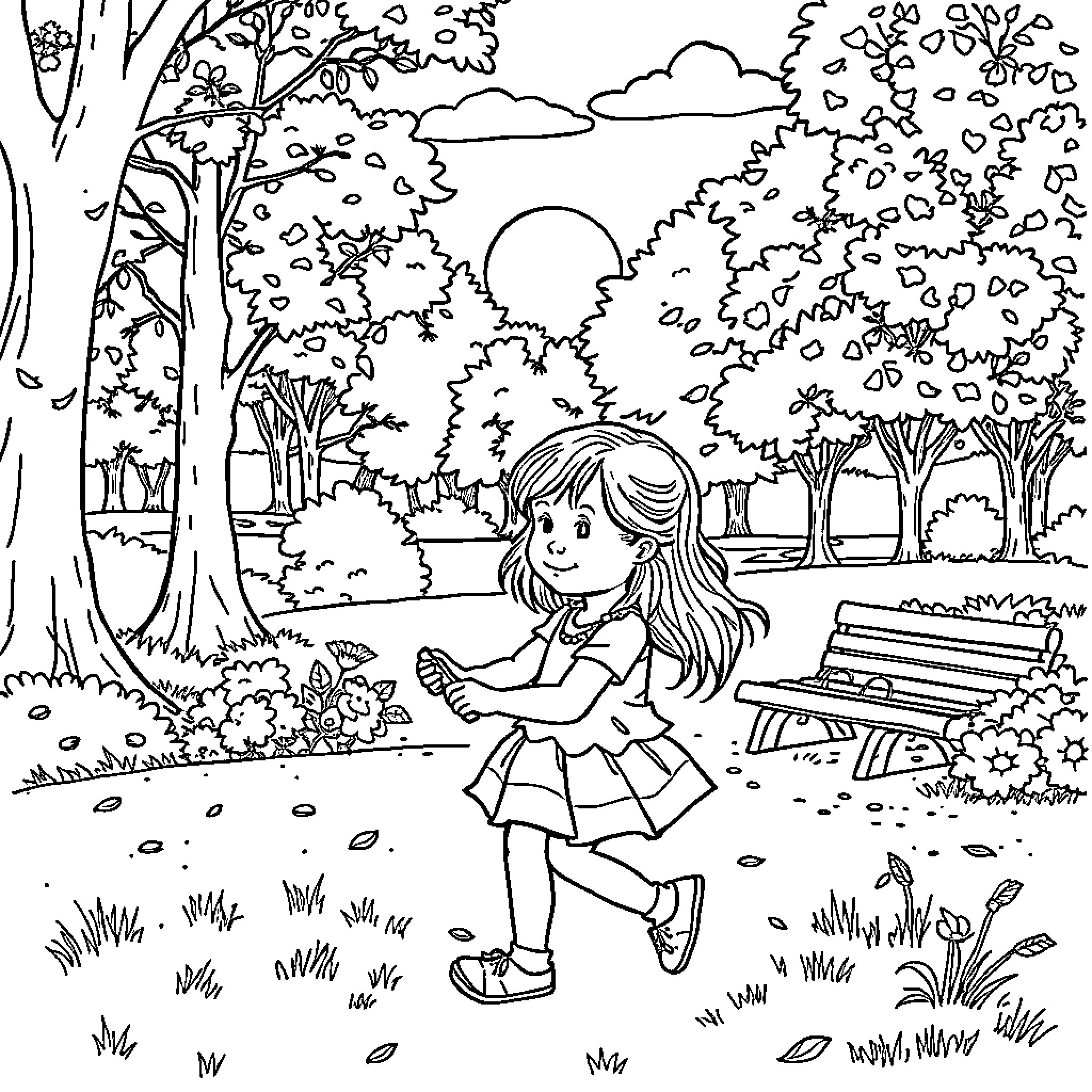Girl playing happily in the park Coloring Page (free black-and-white line drawing printable PDF for all, from beginners to advanced learners, including children, teens, adults, and seniors)