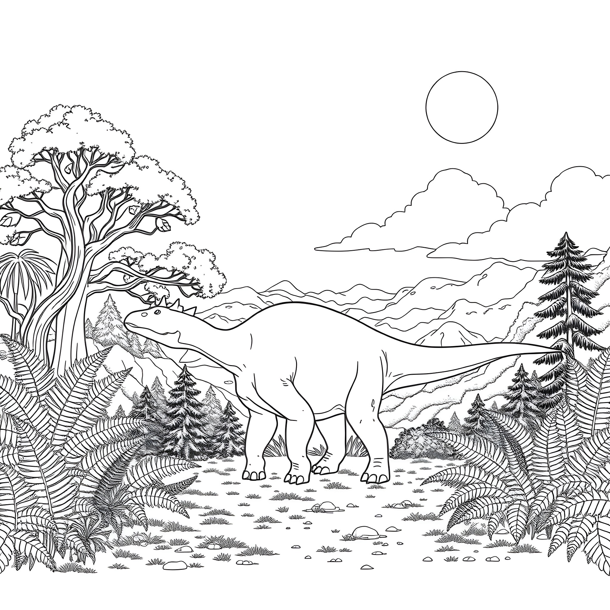 Plant Eater Exploring the Prehistoric Landscape Coloring Page (free black-and-white line drawing printable PDF for all, from beginners to advanced learners, including children, teens, adults, and seniors)