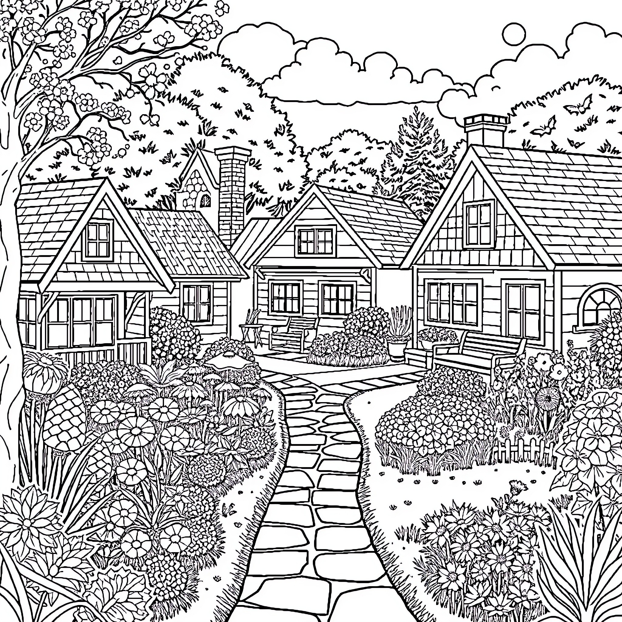 Hippie neighborhood with cozy cottages and lush gardens Coloring Page (free black-and-white line drawing printable PDF for all, from beginners to advanced learners, including children, teens, adults, and seniors)