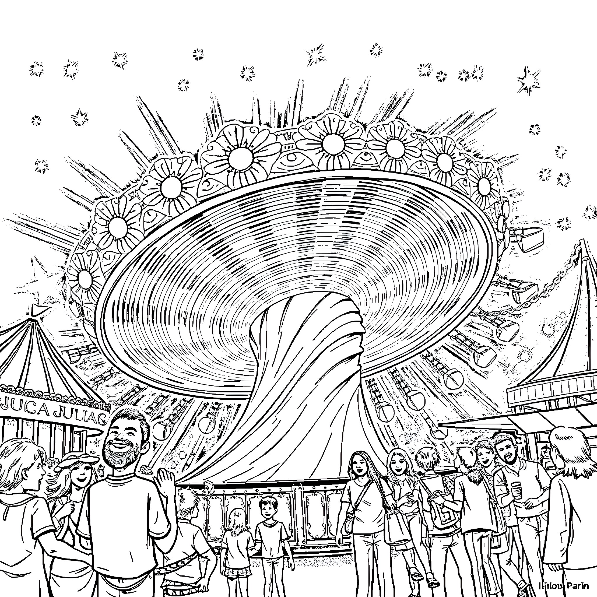 Tornado rides through carnival festival with crowds Coloring Page (free black-and-white line drawing printable PDF for all, from beginners to advanced learners, including children, teens, adults, and seniors)