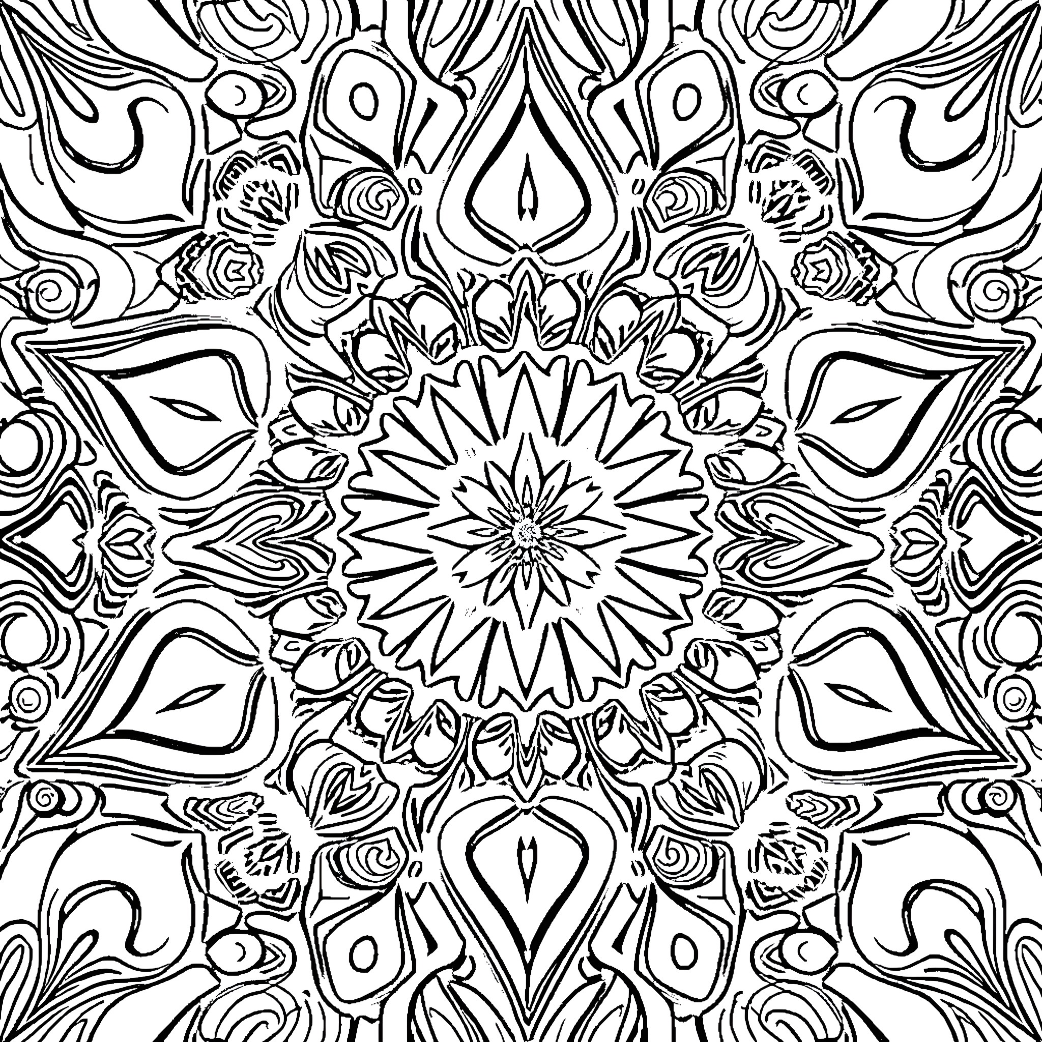 Geometric Art with Intricate Floral Patterns Coloring Page (free black-and-white line drawing printable PDF for all, from beginners to advanced learners, including children, teens, adults, and seniors)