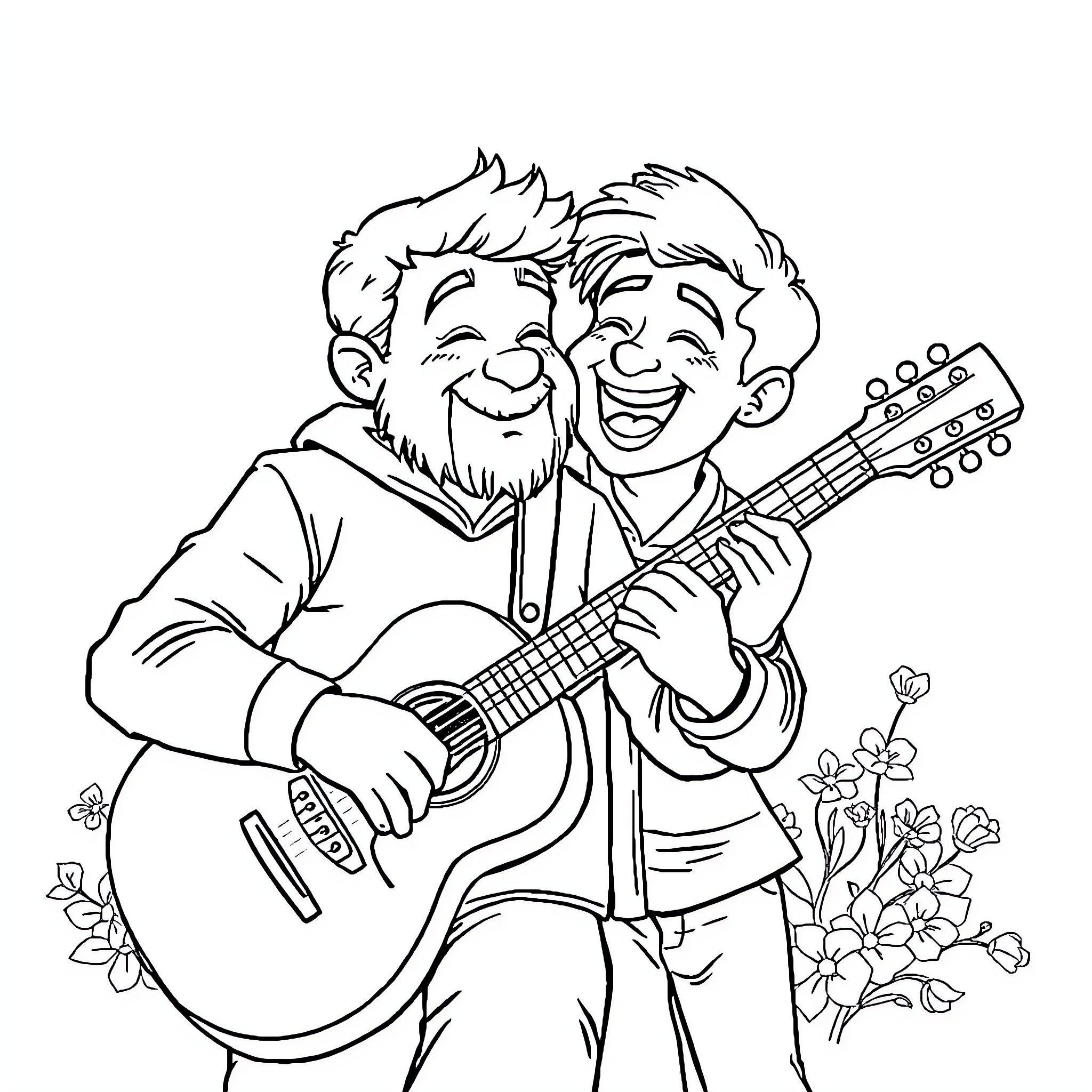 Blue musicians playing guitar with joy Coloring Page (free black-and-white line drawing printable PDF for all, from beginners to advanced learners, including children, teens, adults, and seniors)
