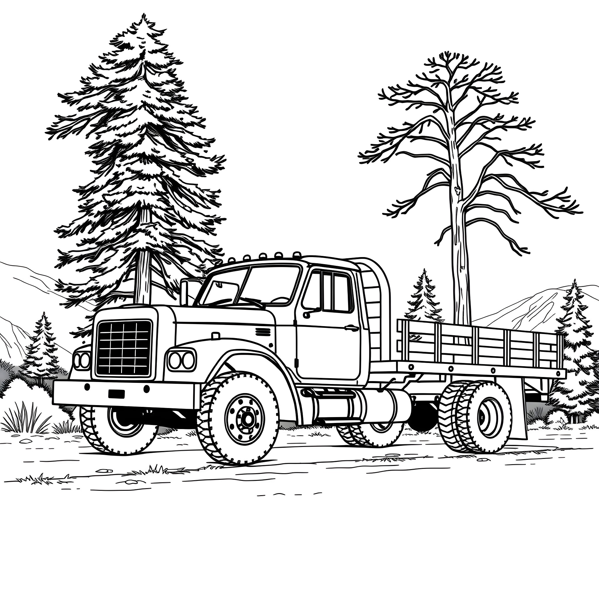 Flatbed truck in the snowy forest Coloring Page (free black-and-white line drawing printable PDF for all, from beginners to advanced learners, including children, teens, adults, and seniors)