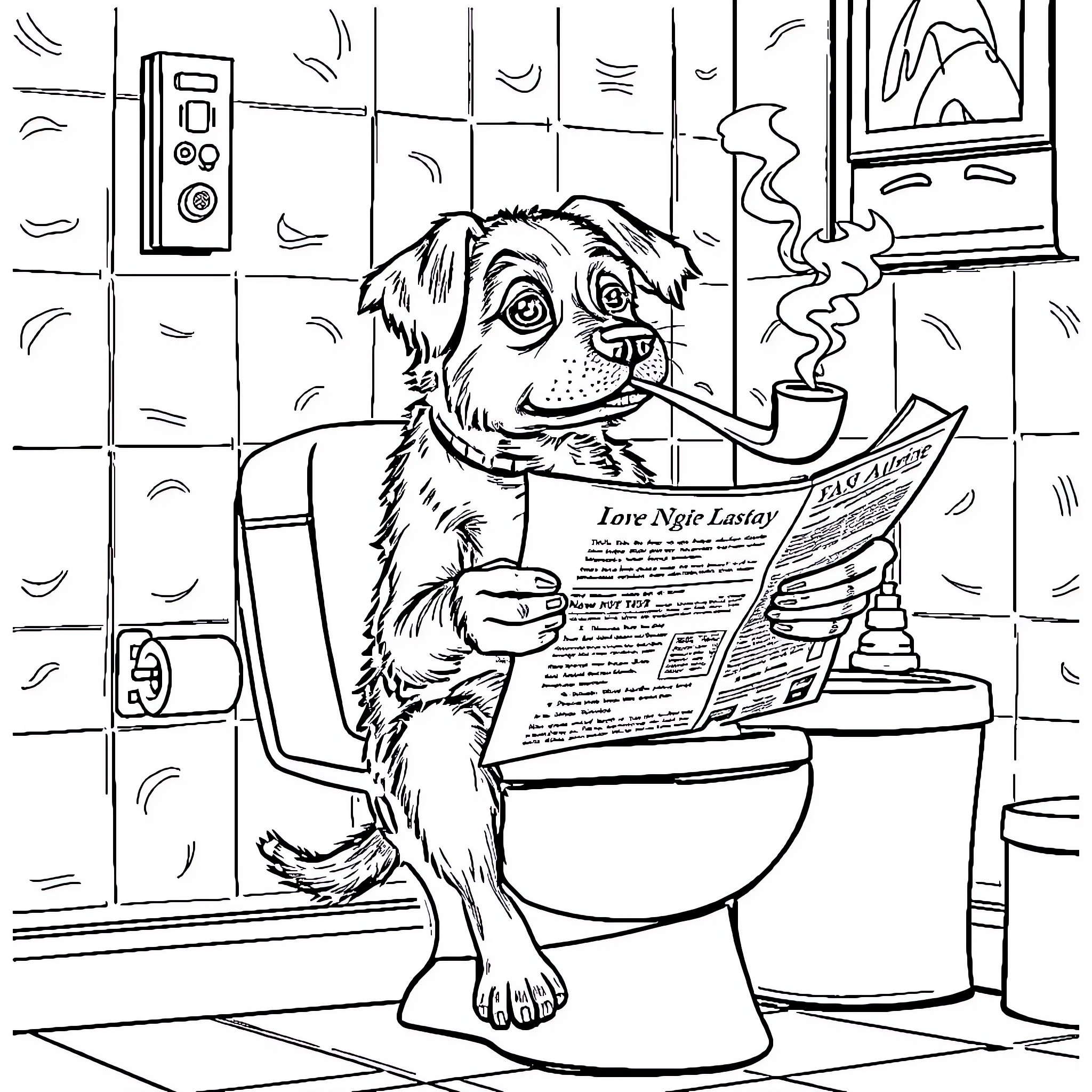 Dog reading newspaper on toilet Coloring Page (free black-and-white line drawing printable PDF for all, from beginners to advanced learners, including children, teens, adults, and seniors)