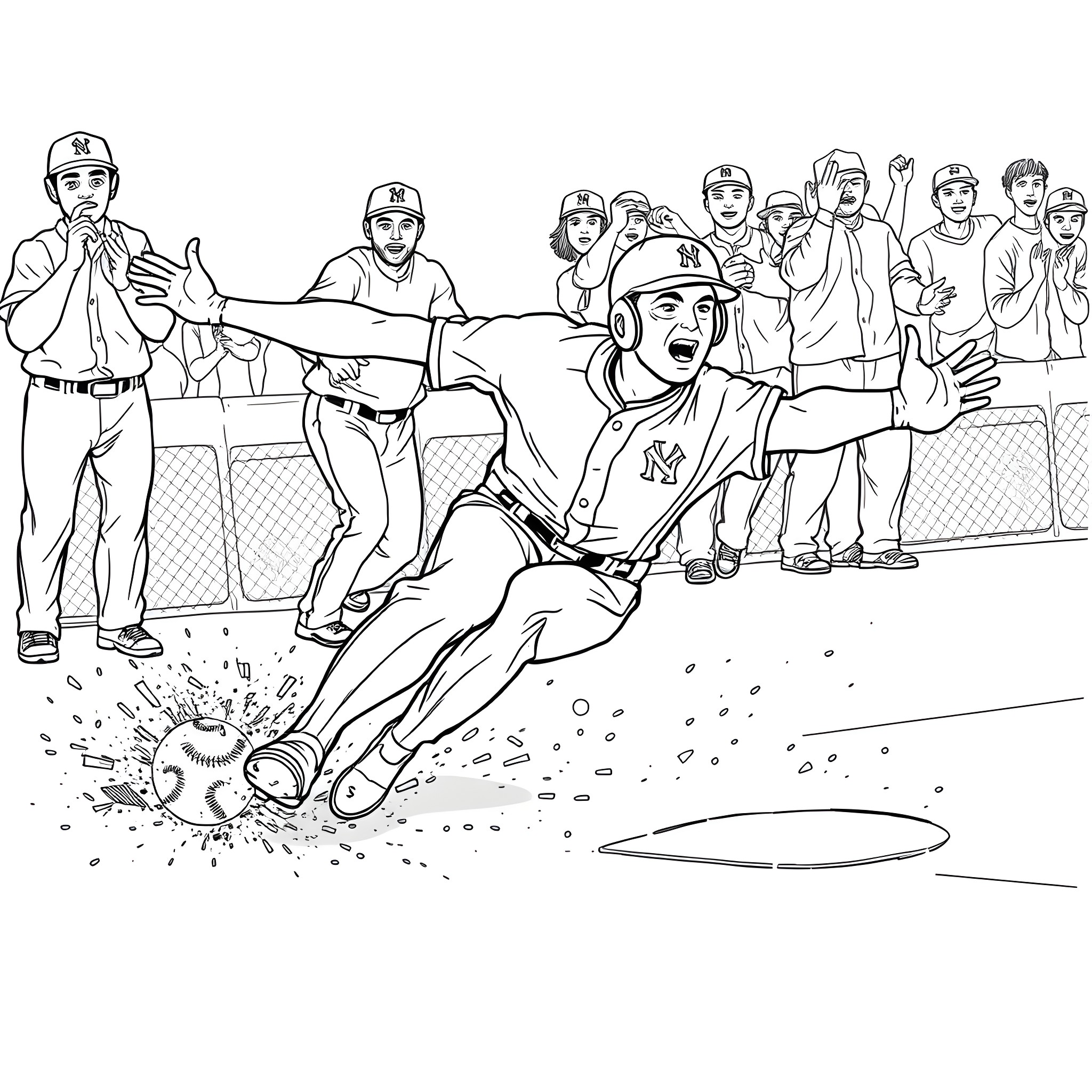 Baseball Player Diving to Catch the Ball Coloring Page (free black-and-white line drawing printable PDF for all, from beginners to advanced learners, including children, teens, adults, and seniors)