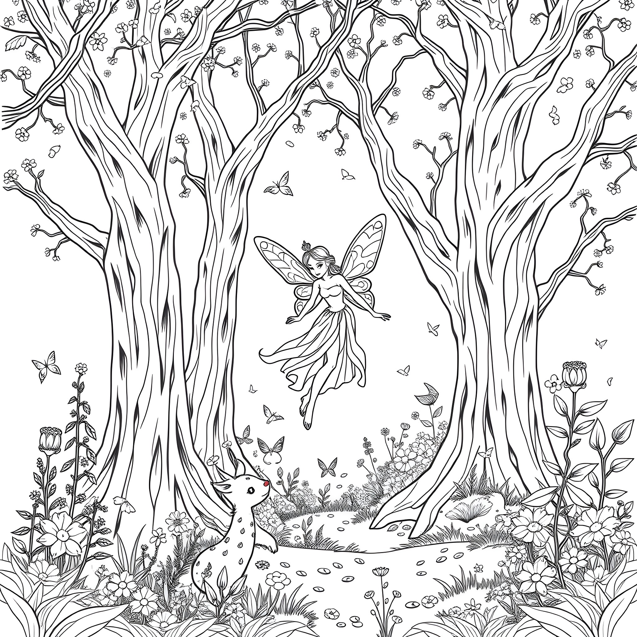 Fairy flying gracefully through enchanted forest Coloring Page (free black-and-white line drawing printable PDF for all, from beginners to advanced learners, including children, teens, adults, and seniors)