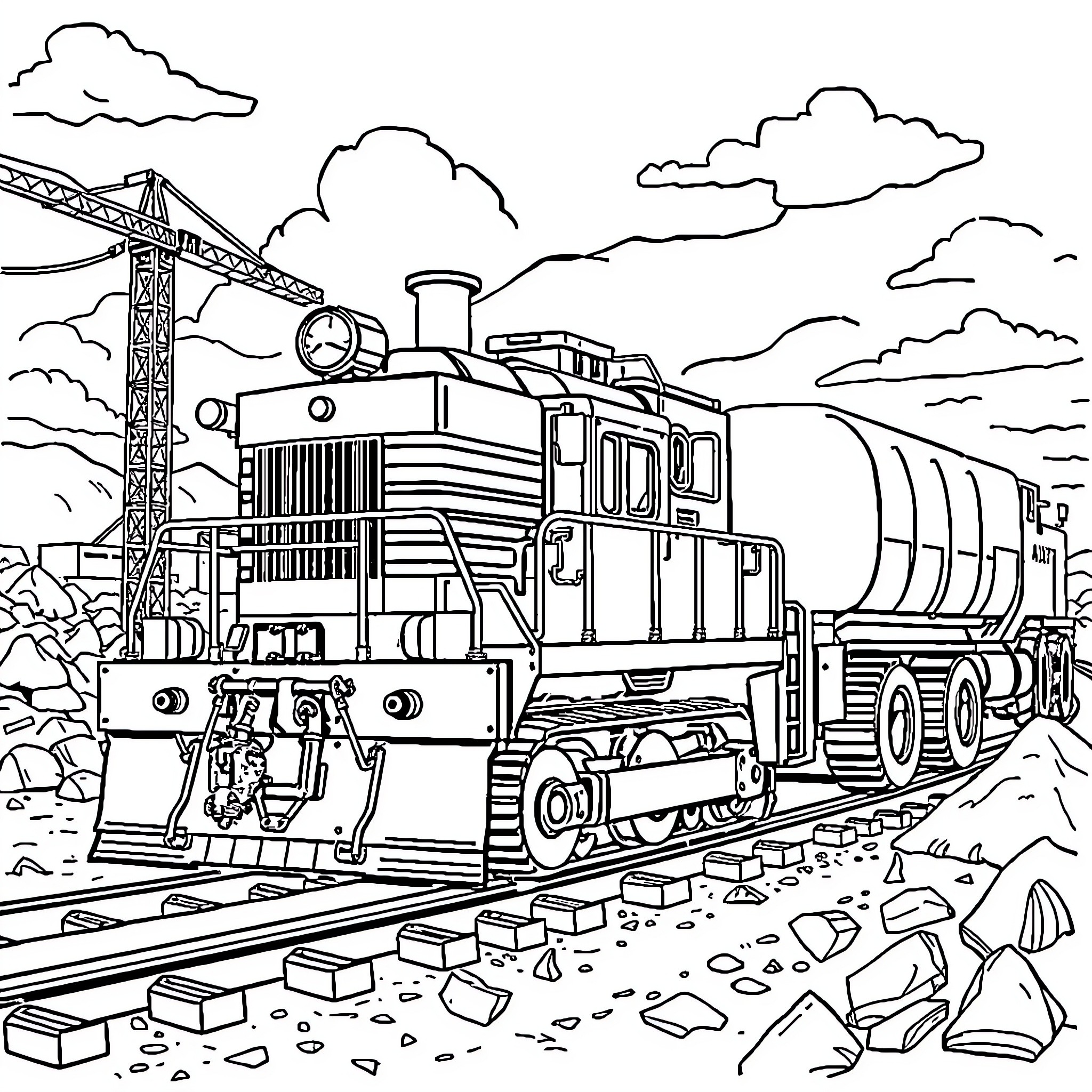 Engine Transporting Goods on Railway Track Coloring Page (free black-and-white line drawing printable PDF for all, from beginners to advanced learners, including children, teens, adults, and seniors)