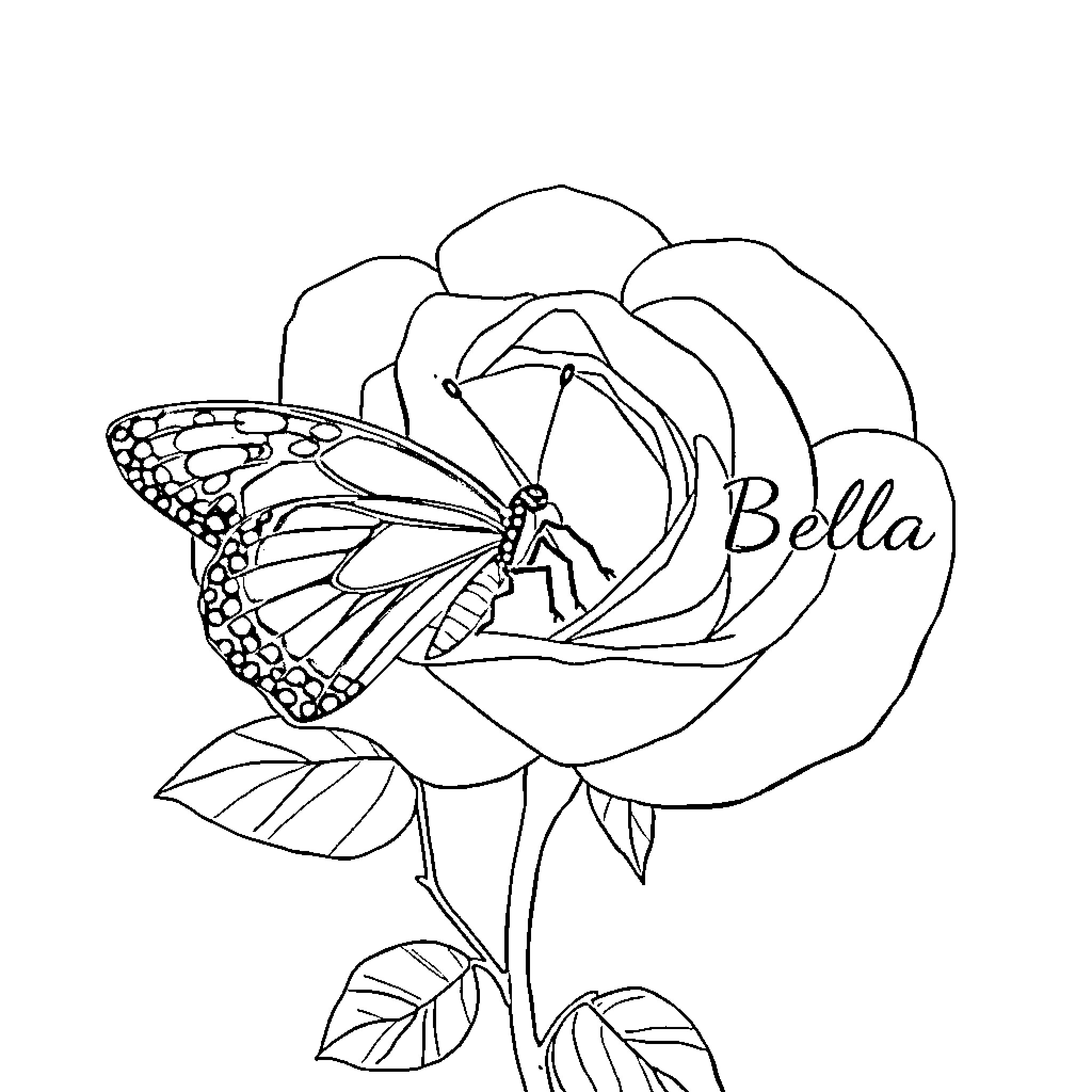 Butterfly perching on a rose flower Coloring Page (free black-and-white line drawing printable PDF for all, from beginners to advanced learners, including children, teens, adults, and seniors)