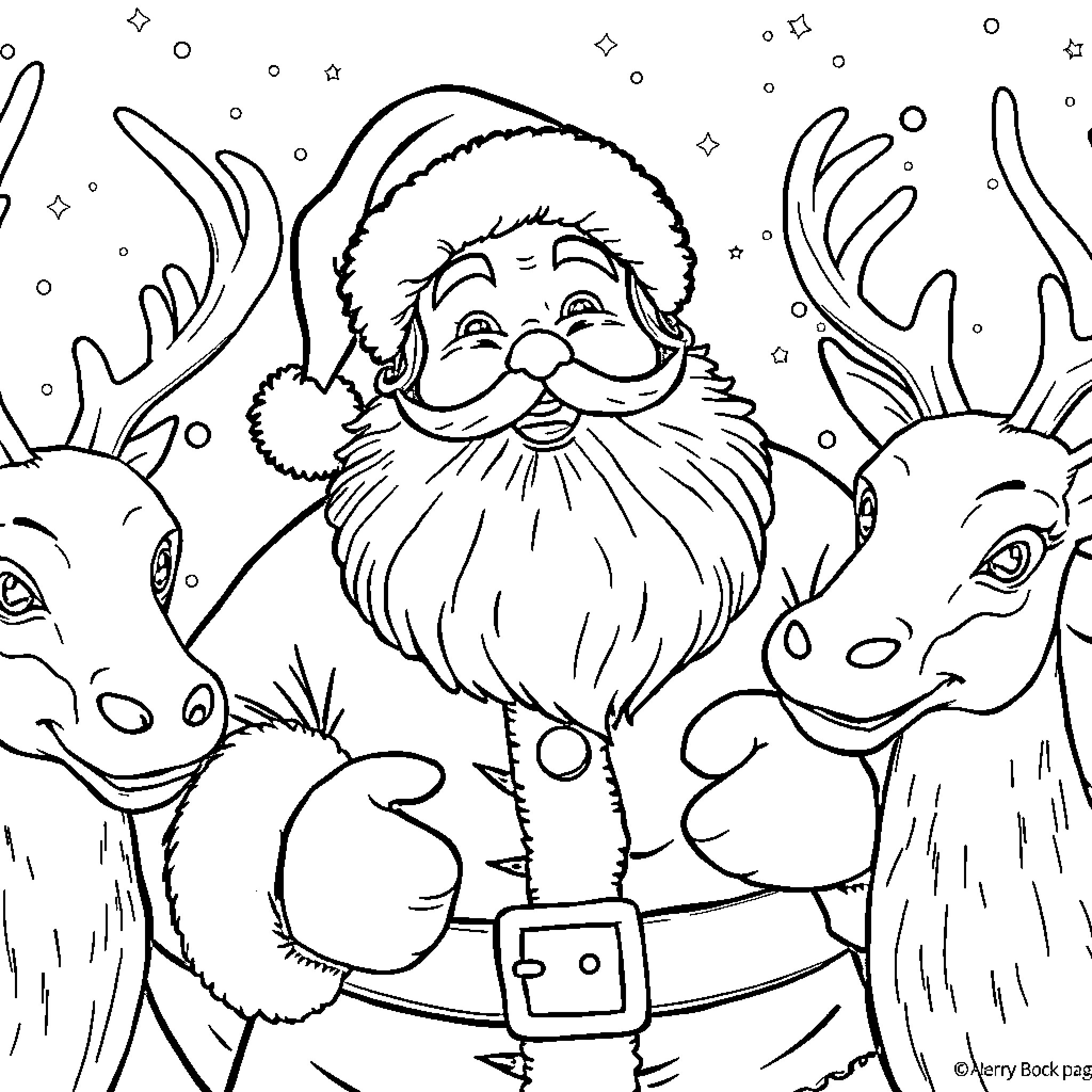 Santa Claus surrounded by smiling reindeer in winter wonderland Coloring Page (free black-and-white line drawing printable PDF for all, from beginners to advanced learners, including children, teens, adults, and seniors)