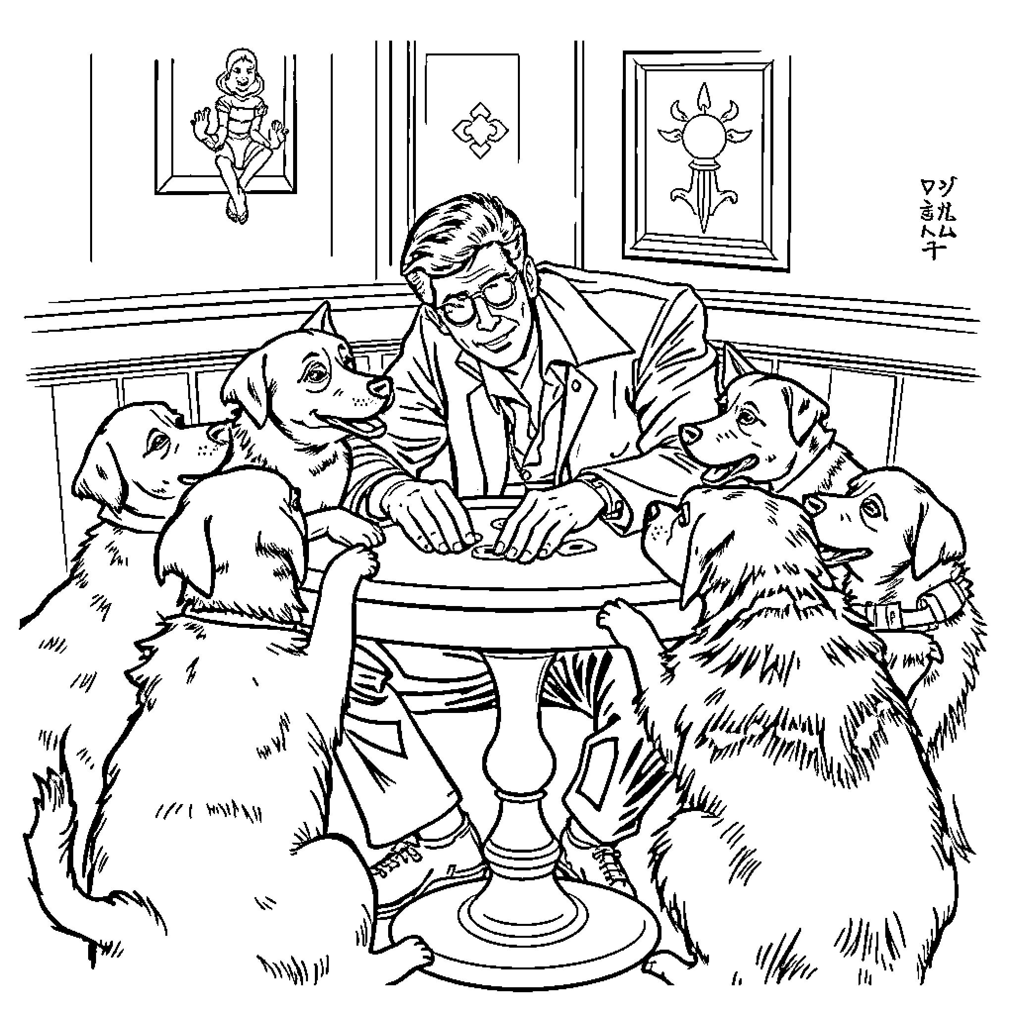 Tony Montana surrounded by loyal dogs in office setting Coloring Page (free black-and-white line drawing printable PDF for all, from beginners to advanced learners, including children, teens, adults, and seniors)