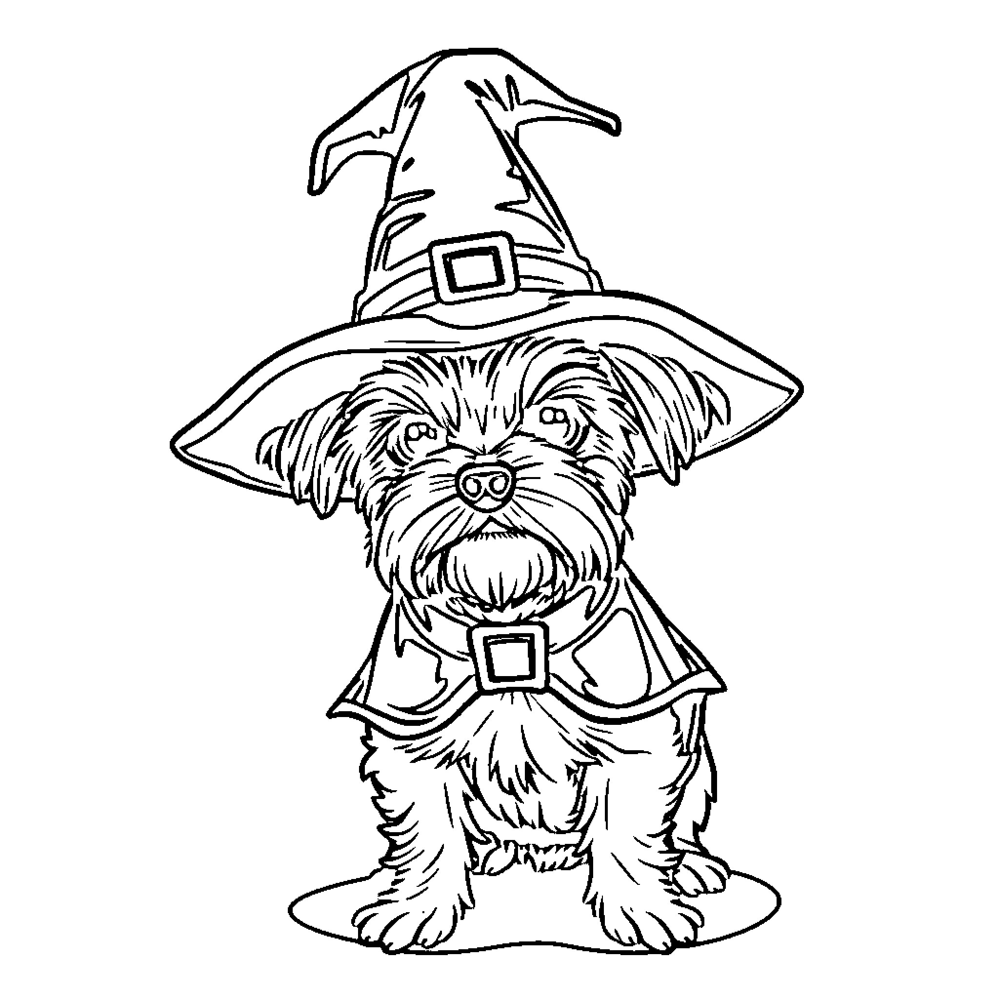 Teckel dog dressed in witch costume Coloring Page (free black-and-white line drawing printable PDF for all, from beginners to advanced learners, including children, teens, adults, and seniors)