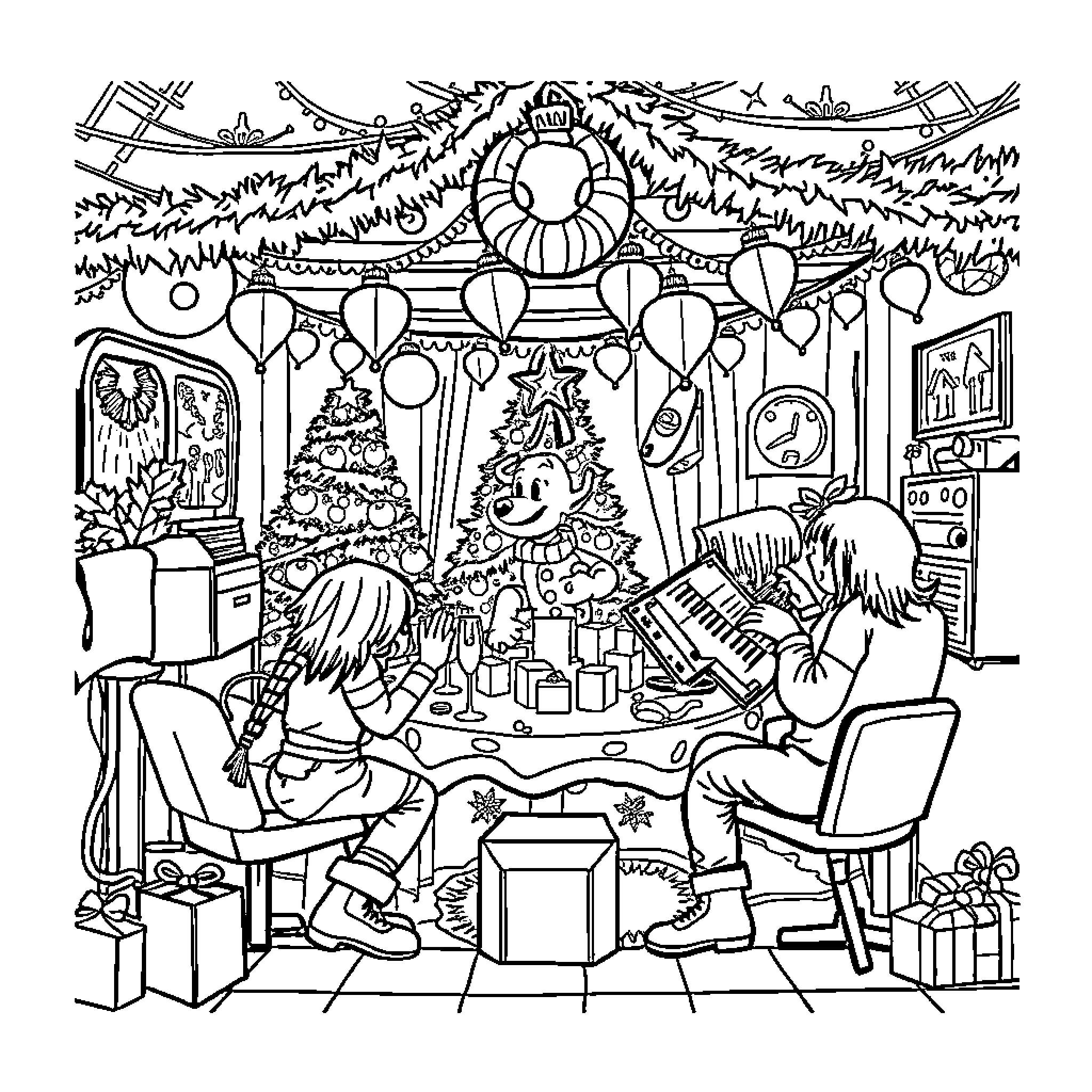 Christmas Family Gathering with Decorations Coloring Page (free black-and-white line drawing printable PDF for all, from beginners to advanced learners, including children, teens, adults, and seniors)