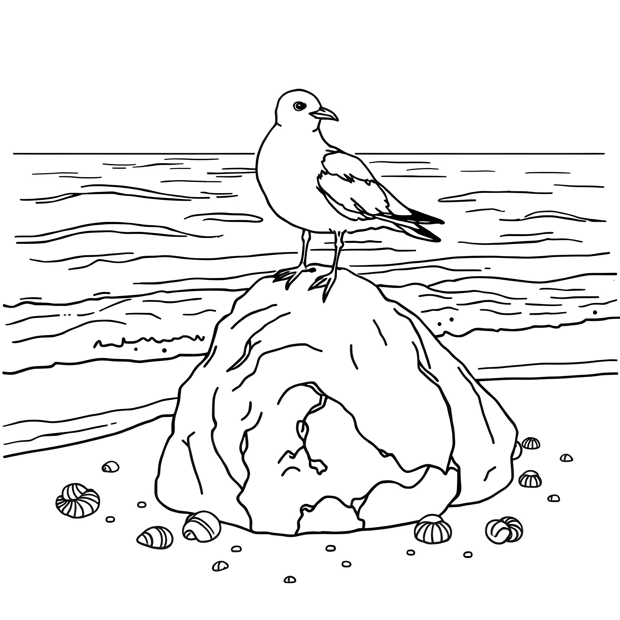 Bird perched on a rocky shore Coloring Page (free black-and-white line drawing printable PDF for all, from beginners to advanced learners, including children, teens, adults, and seniors)