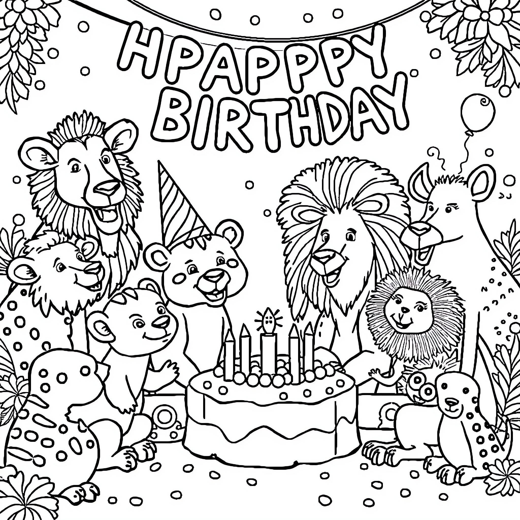 Animal birthday party with lions and cake Coloring Page (free black-and-white line drawing printable PDF for all, from beginners to advanced learners, including children, teens, adults, and seniors)