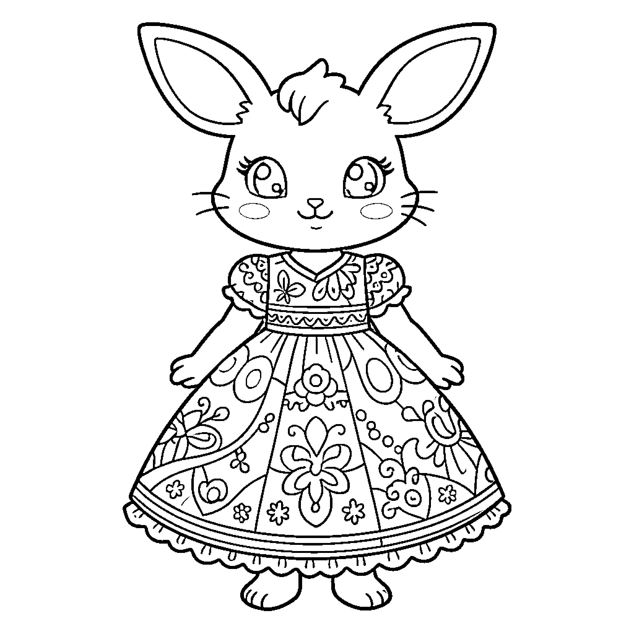 Labubu in a floral patterned dress Coloring Page (free black-and-white line drawing printable PDF for all, from beginners to advanced learners, including children, teens, adults, and seniors)