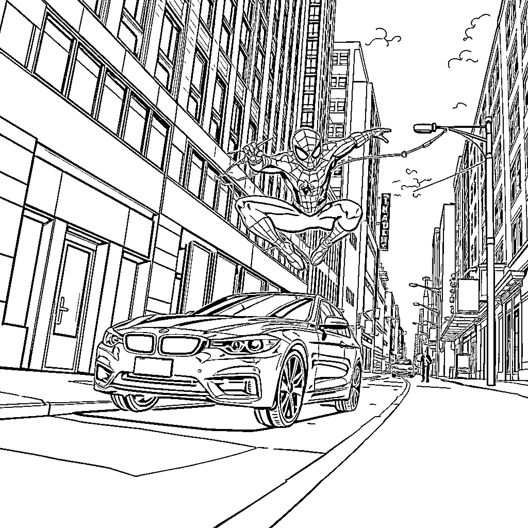 Spiderman swinging through the city streets Coloring Page (free black-and-white line drawing printable PDF for all, from beginners to advanced learners, including children, teens, adults, and seniors)