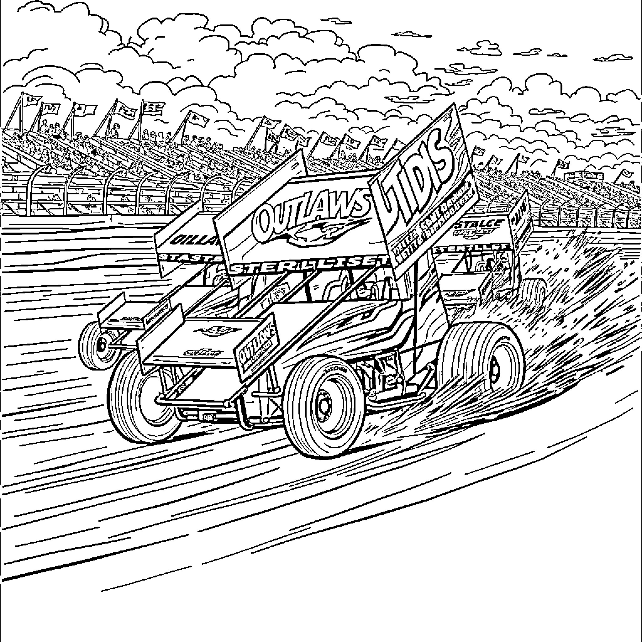 Sprint Car Racers Speeding on the Track Coloring Page (free black-and-white line drawing printable PDF for all, from beginners to advanced learners, including children, teens, adults, and seniors)