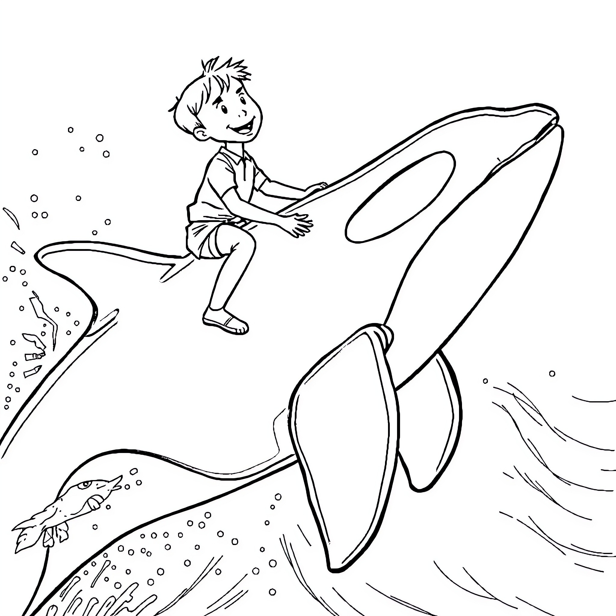 Greg Heffley riding a large sea creature in the ocean Coloring Page (free black-and-white line drawing printable PDF for all, from beginners to advanced learners, including children, teens, adults, and seniors)