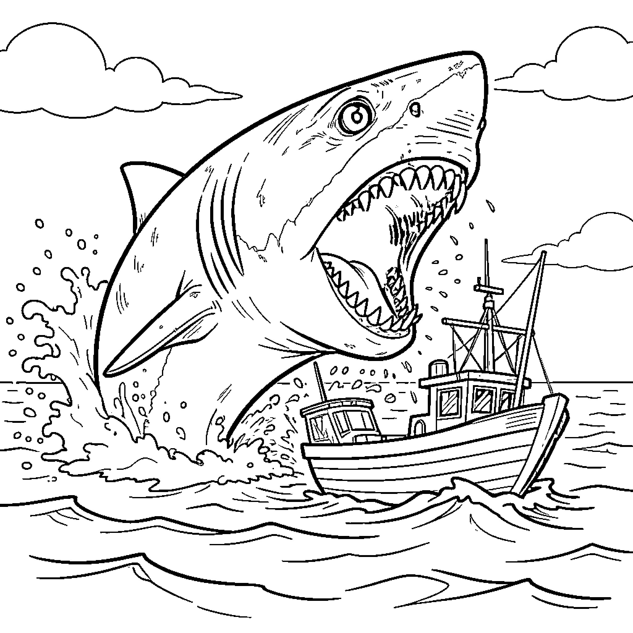 Jaws of the deep devouring fishing boat Coloring Page (free black-and-white line drawing printable PDF for all, from beginners to advanced learners, including children, teens, adults, and seniors)