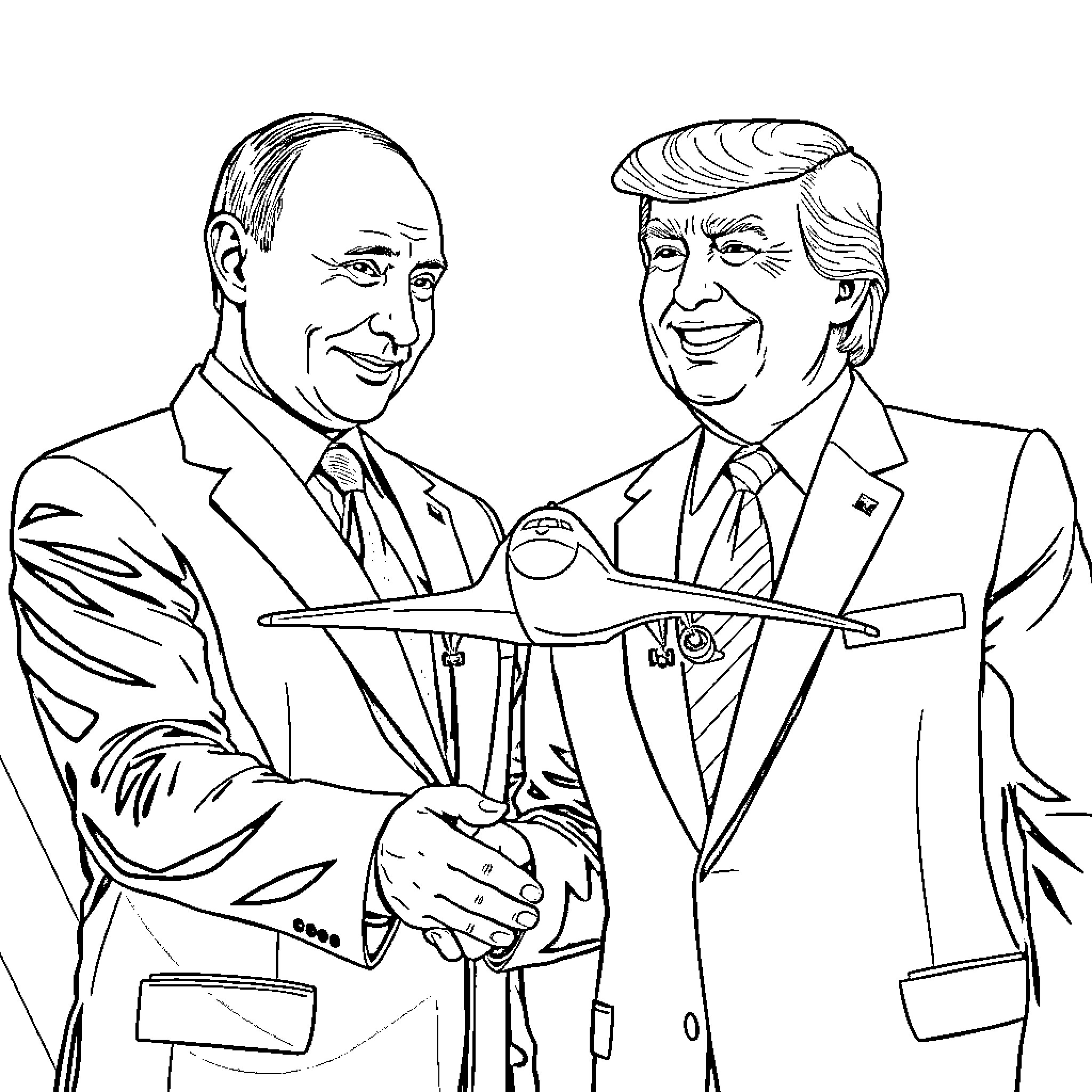Putin and Trump Shaking Hands in Business Meeting Coloring Page (free black-and-white line drawing printable PDF for all, from beginners to advanced learners, including children, teens, adults, and seniors)