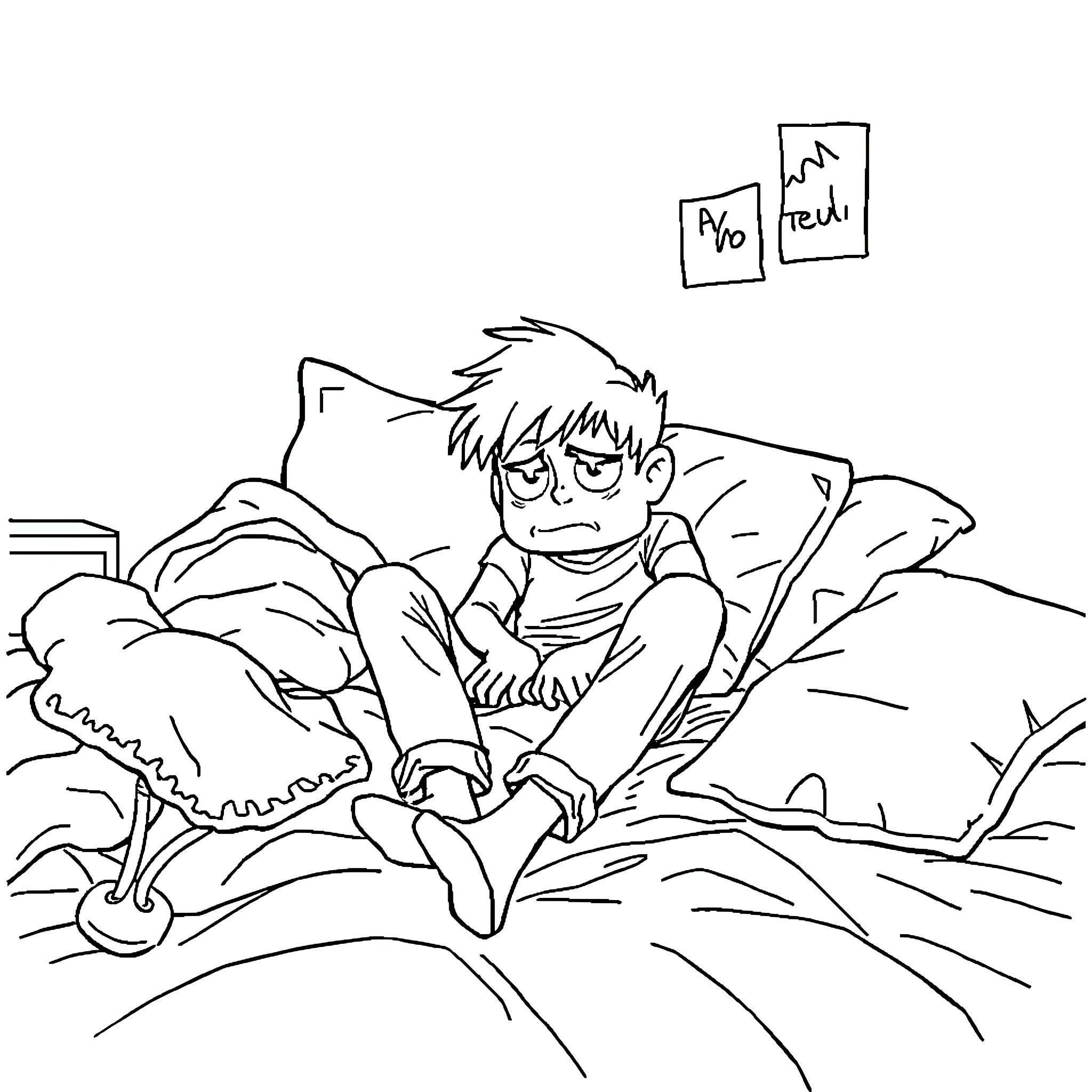 Teen resting comfortably in messy bedding Coloring Page (free black-and-white line drawing printable PDF for all, from beginners to advanced learners, including children, teens, adults, and seniors)