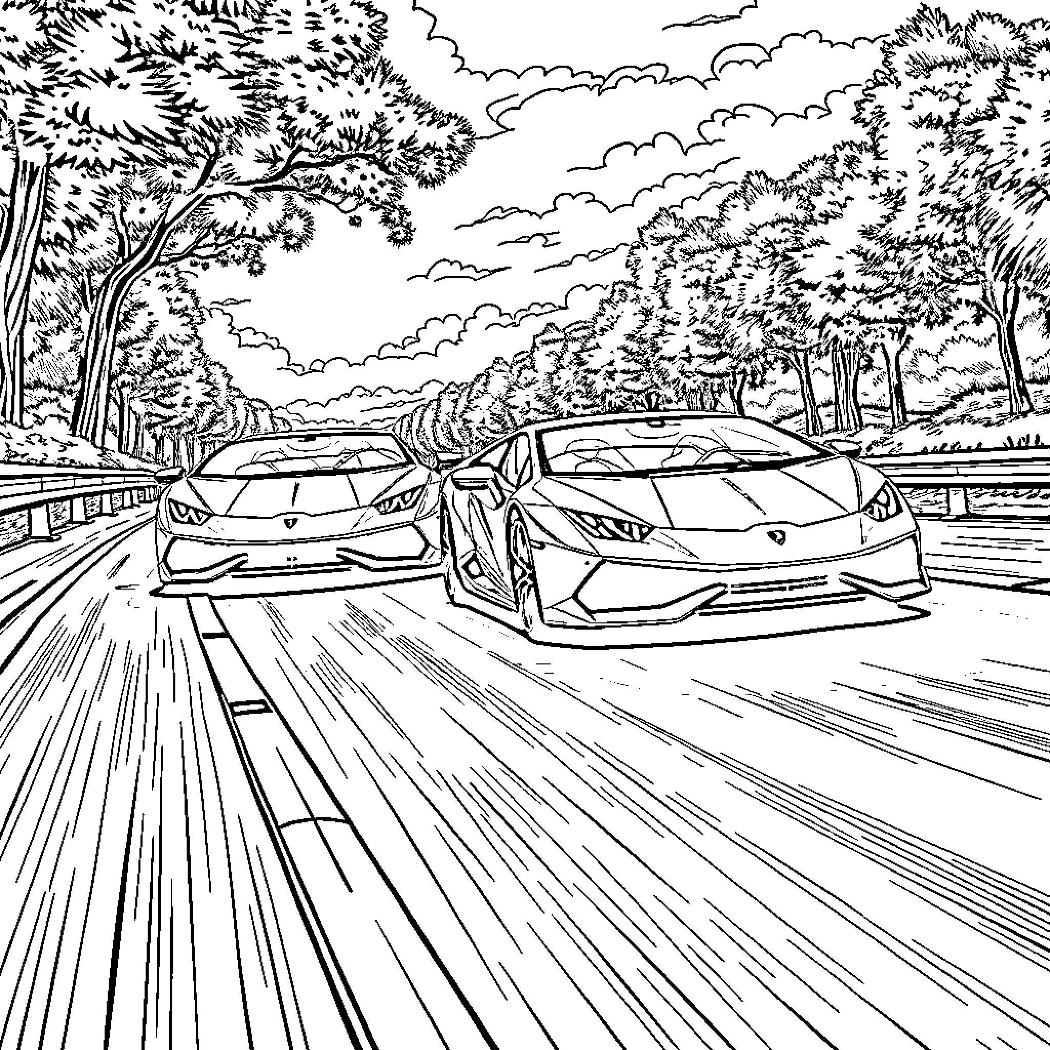 Lamborghini supercars on winding road through scenic forest Coloring Page (free black-and-white line drawing printable PDF for all, from beginners to advanced learners, including children, teens, adults, and seniors)