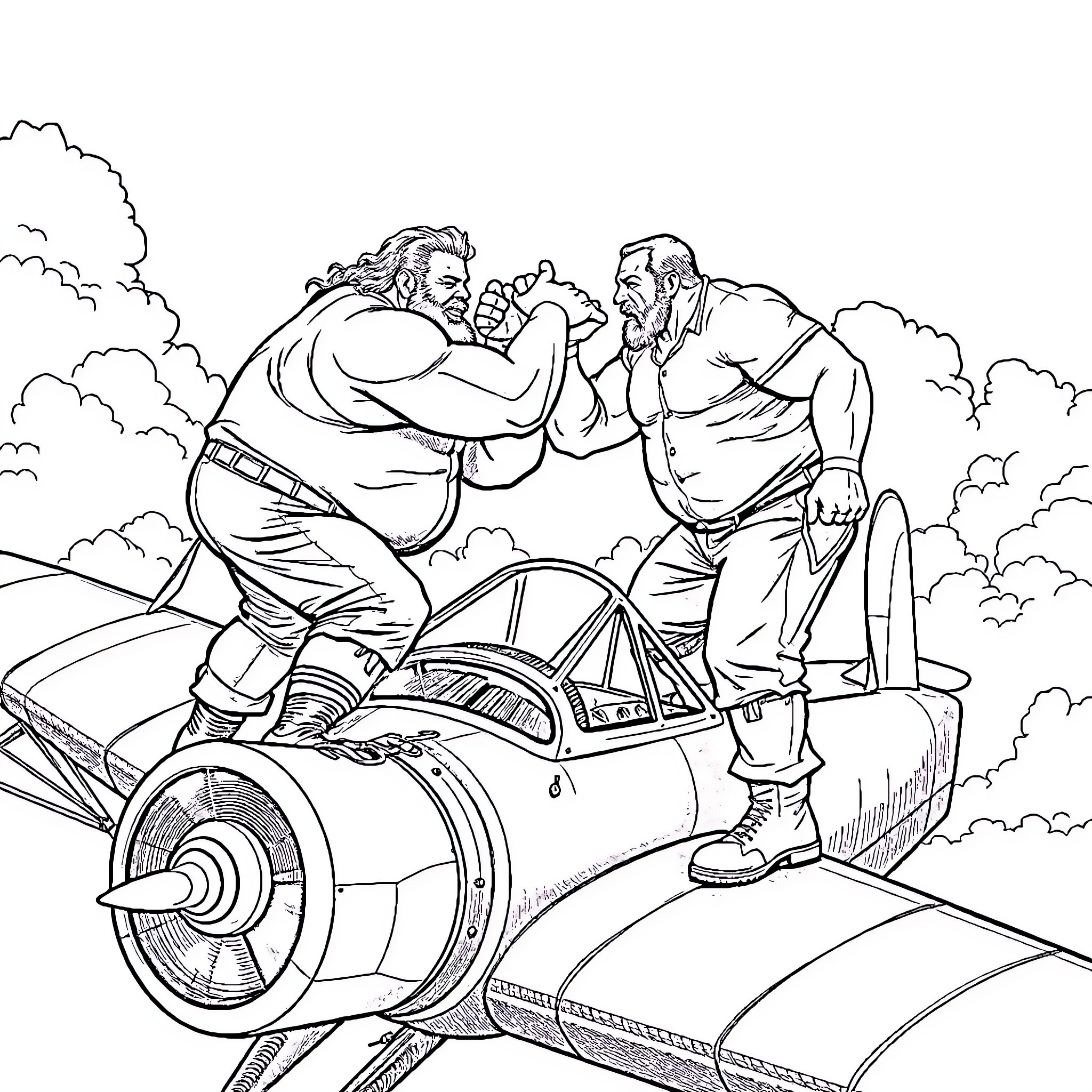 Men Fighting Atop Futuristic Vehicle Coloring Page (free black-and-white line drawing printable PDF for all, from beginners to advanced learners, including children, teens, adults, and seniors)
